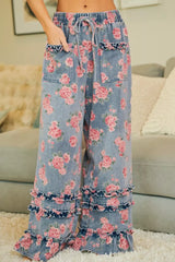Trendsi BiBi Washed Floral Denim With Ruffle Elastic Wide Pants - Pants