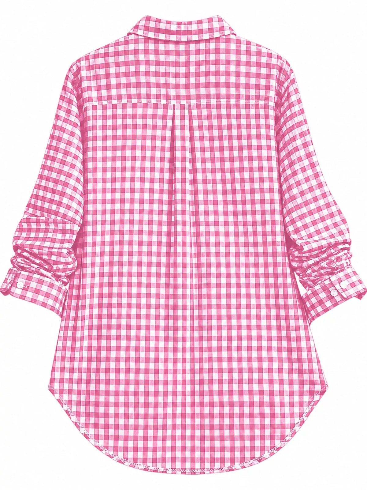 Pink and white plaid button-down shirt, back view