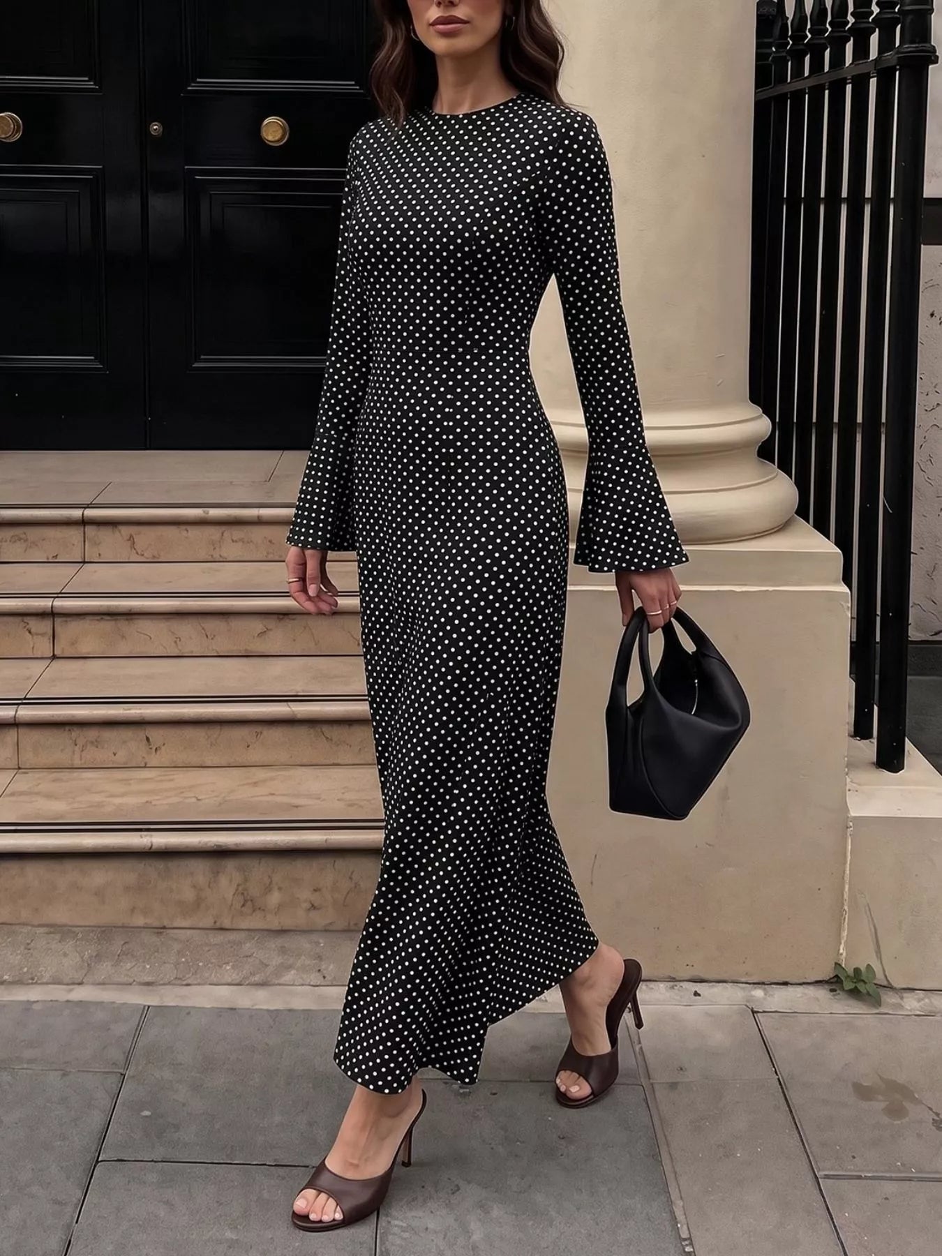 Trendsi Polka Dot Flare Sleeve Maxi Dress -