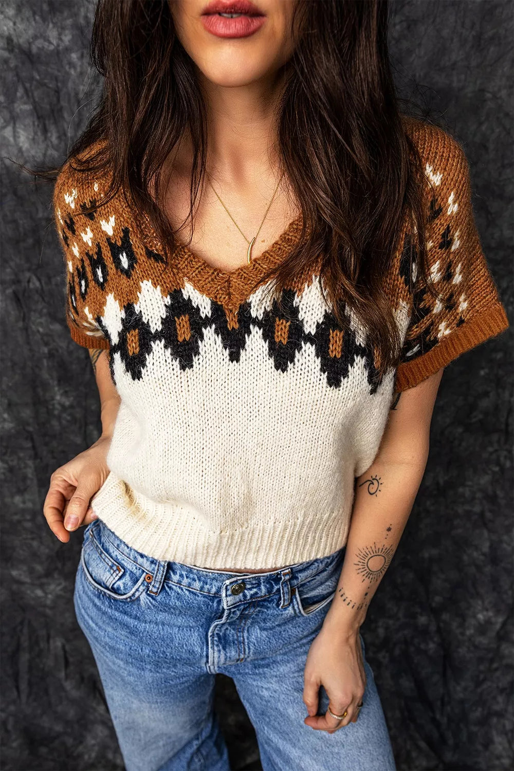 Trendsi V Neck Short Sleeve Geometric Sweater -