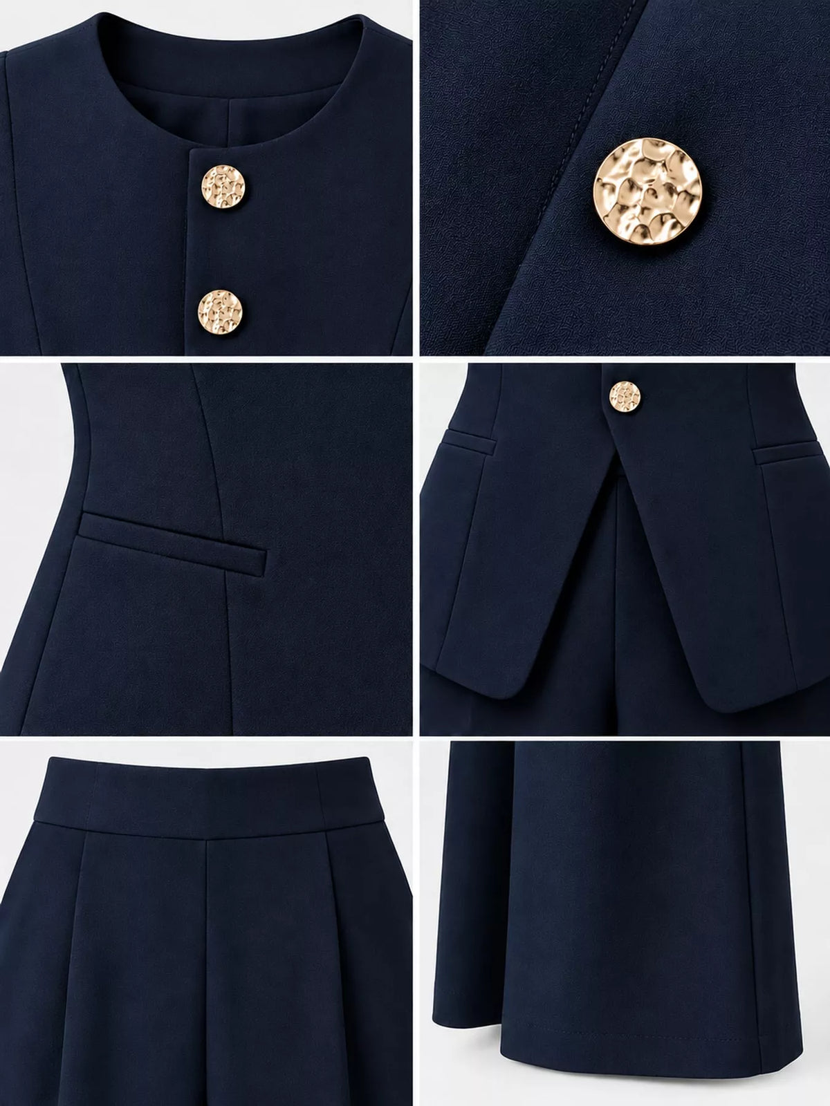 Button-Down Vest and Wide-Leg Pants Set, detail view in navy blue