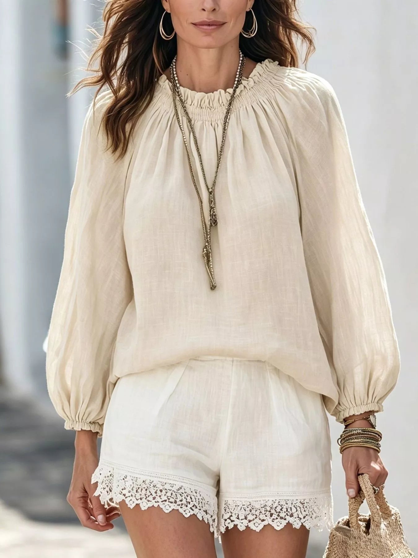 Trendsi Round Neck Balloon Sleeve Blouse -