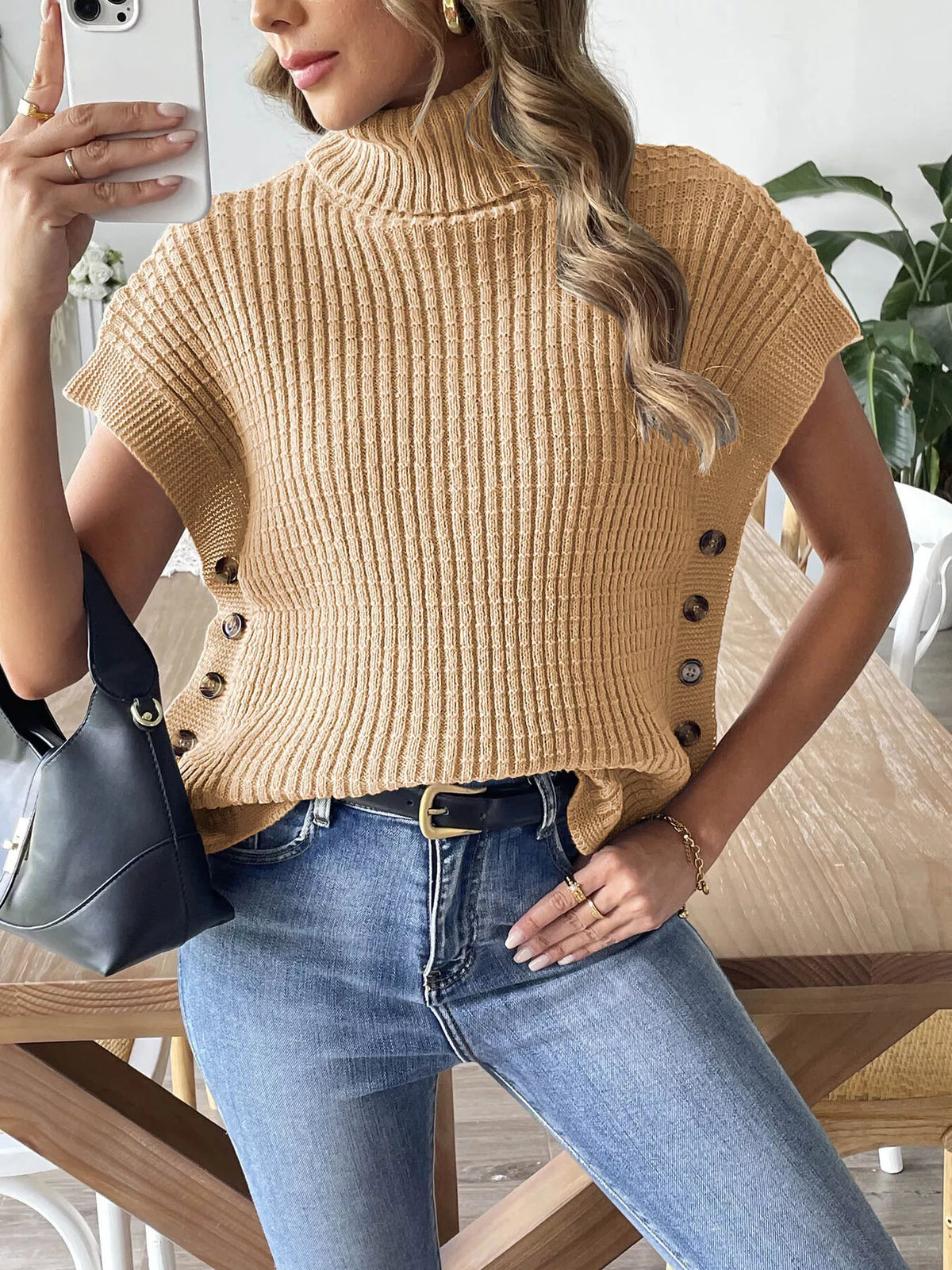 Camel ribbed turtleneck side-button sweater, front view partially tucked.