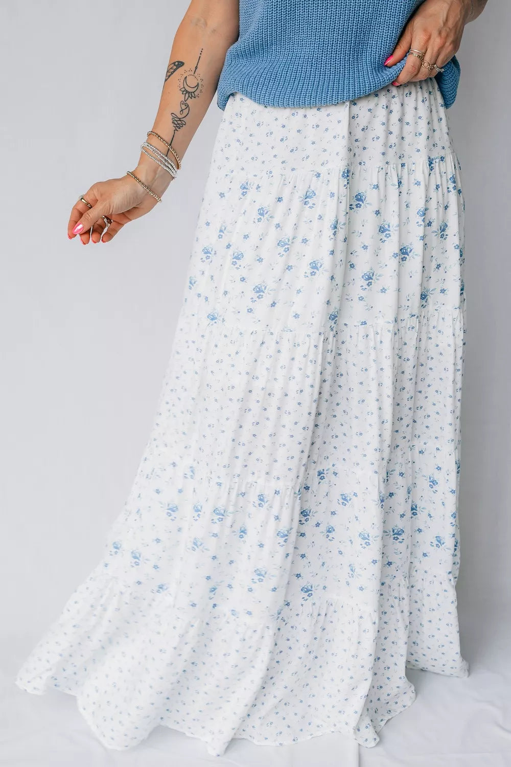 Trendsi High Waist Tiny Floral Print Boho Maxi Skirt -