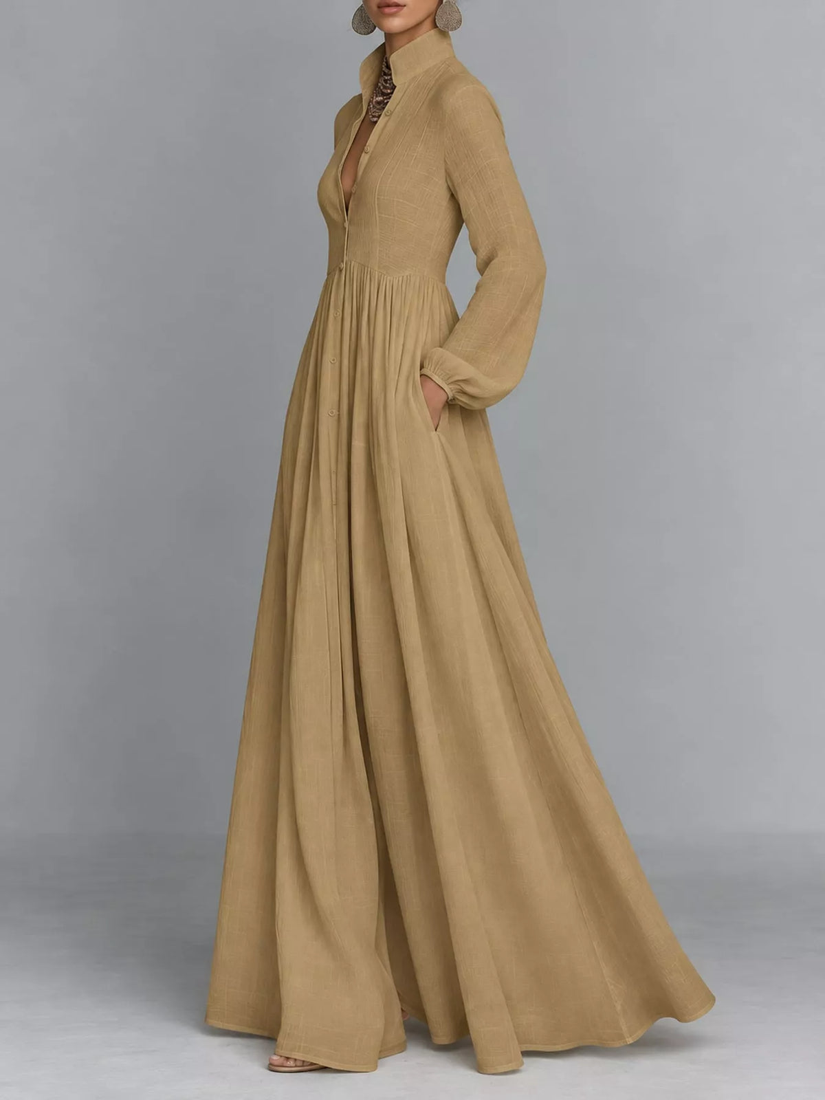 Khaki long sleeve button-front maxi dress