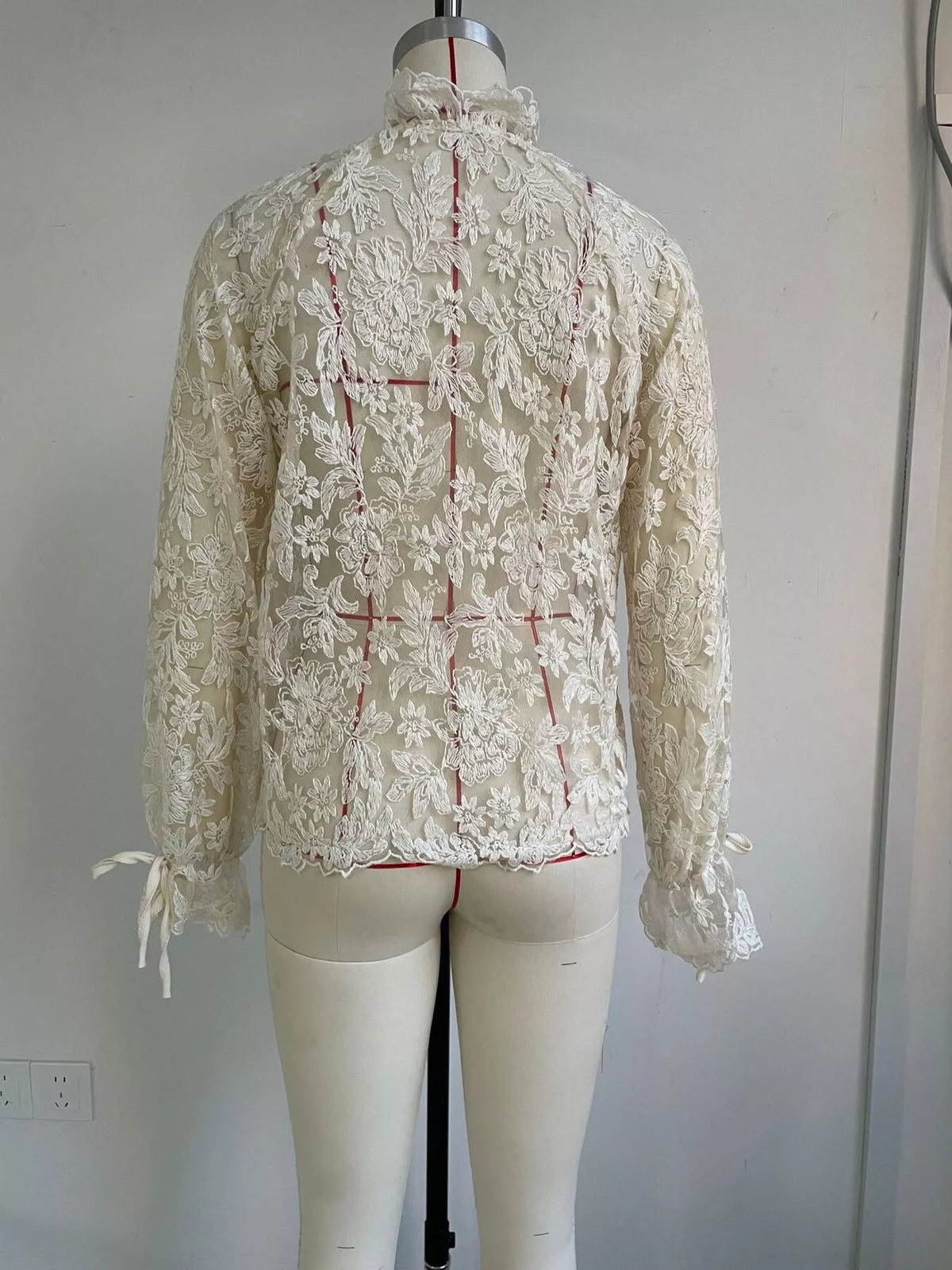 Cream sheer floral lace long sleeve shirt, back product view
