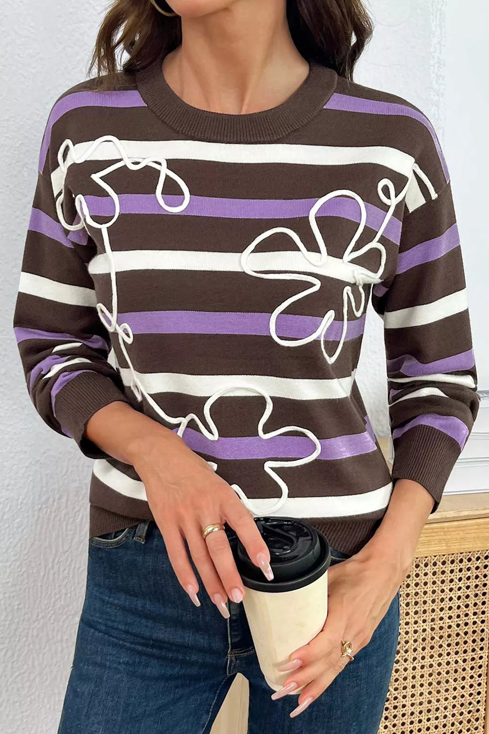 Trendsi Stripe Embroidered Detail Drop Shoulder Sweater -