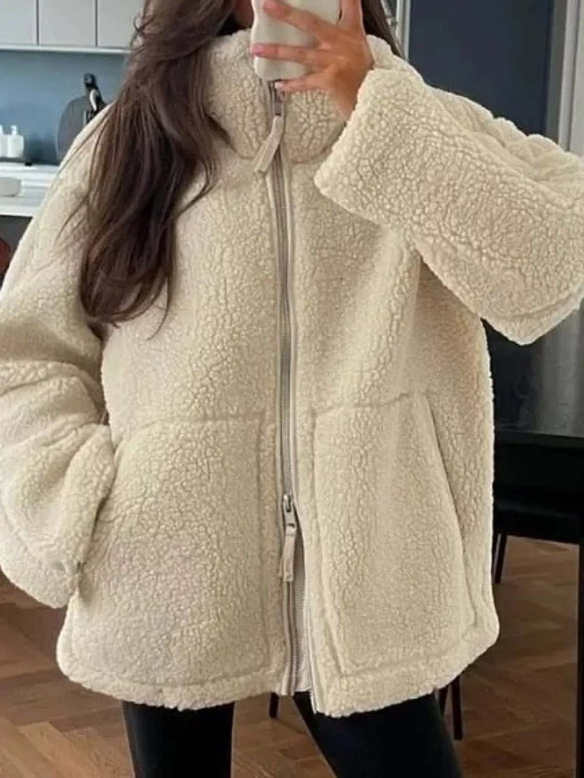 Beige oversized sherpa fleece zip-up jacket