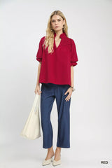 Trendsi Umgee Textured Smocked Yoke Split-Neck Top -