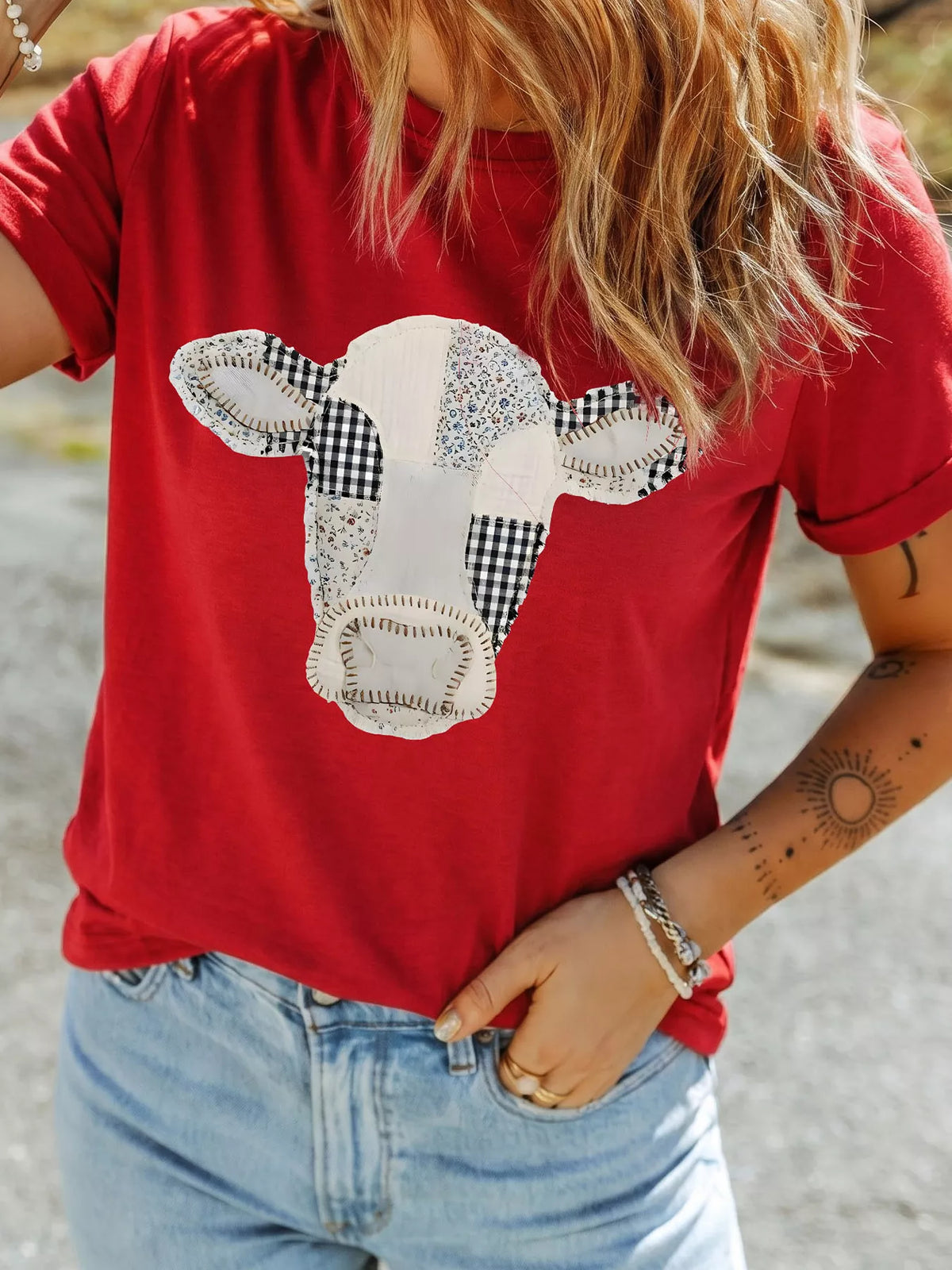 Trendsi Western Patchwork Cow Print Round Neck Casual T Shirt -