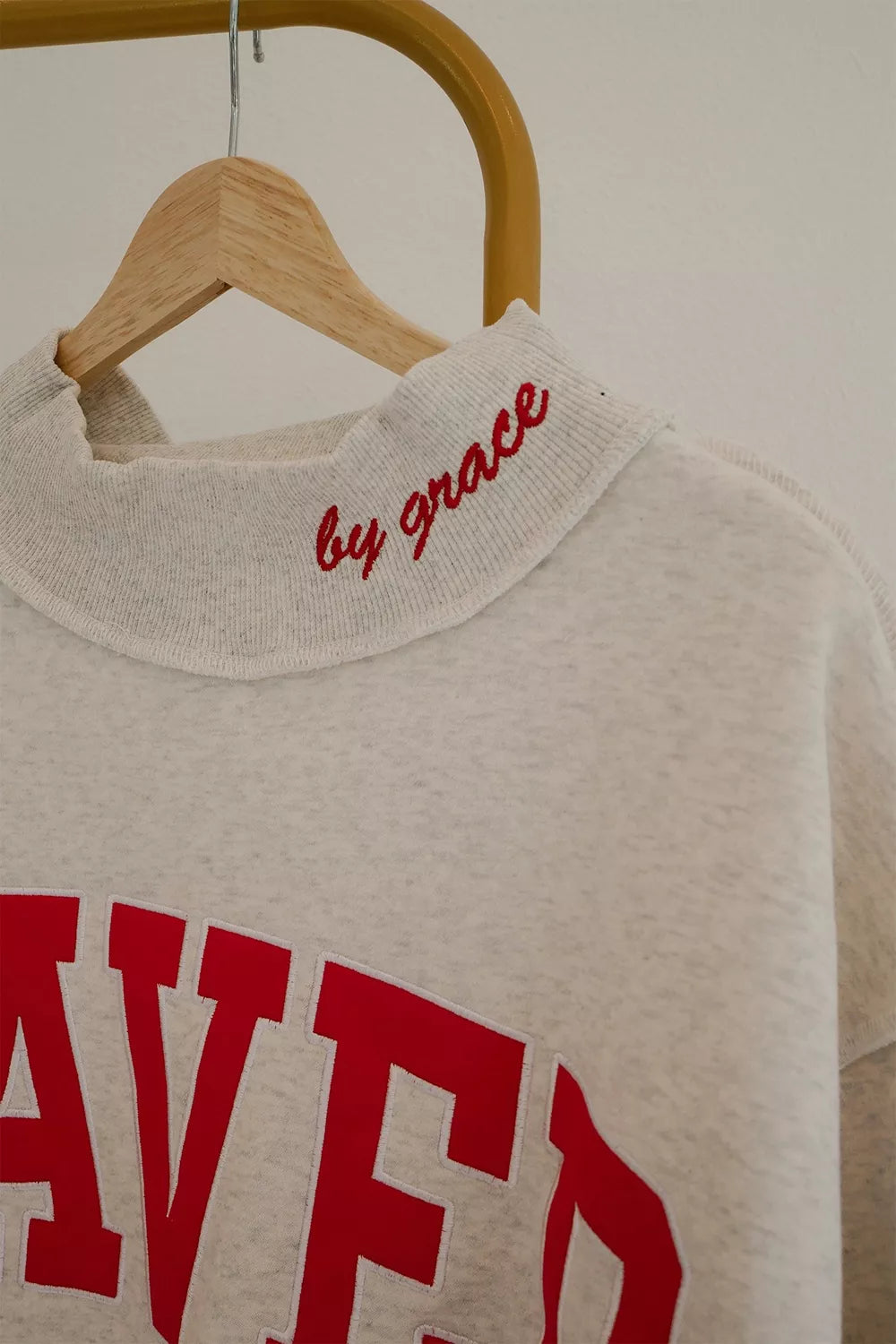 Light Gray SAVED Letter Graphic Crew Neck Sweatshirt neckline and lettering detail