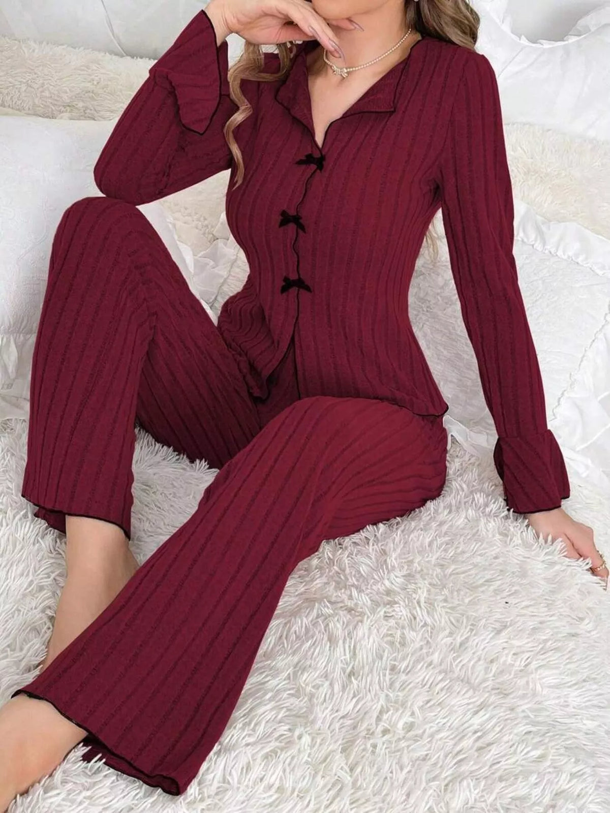 Women's Contrast Bow Detail Top and Pants Lounge Set in Wine Red, front view