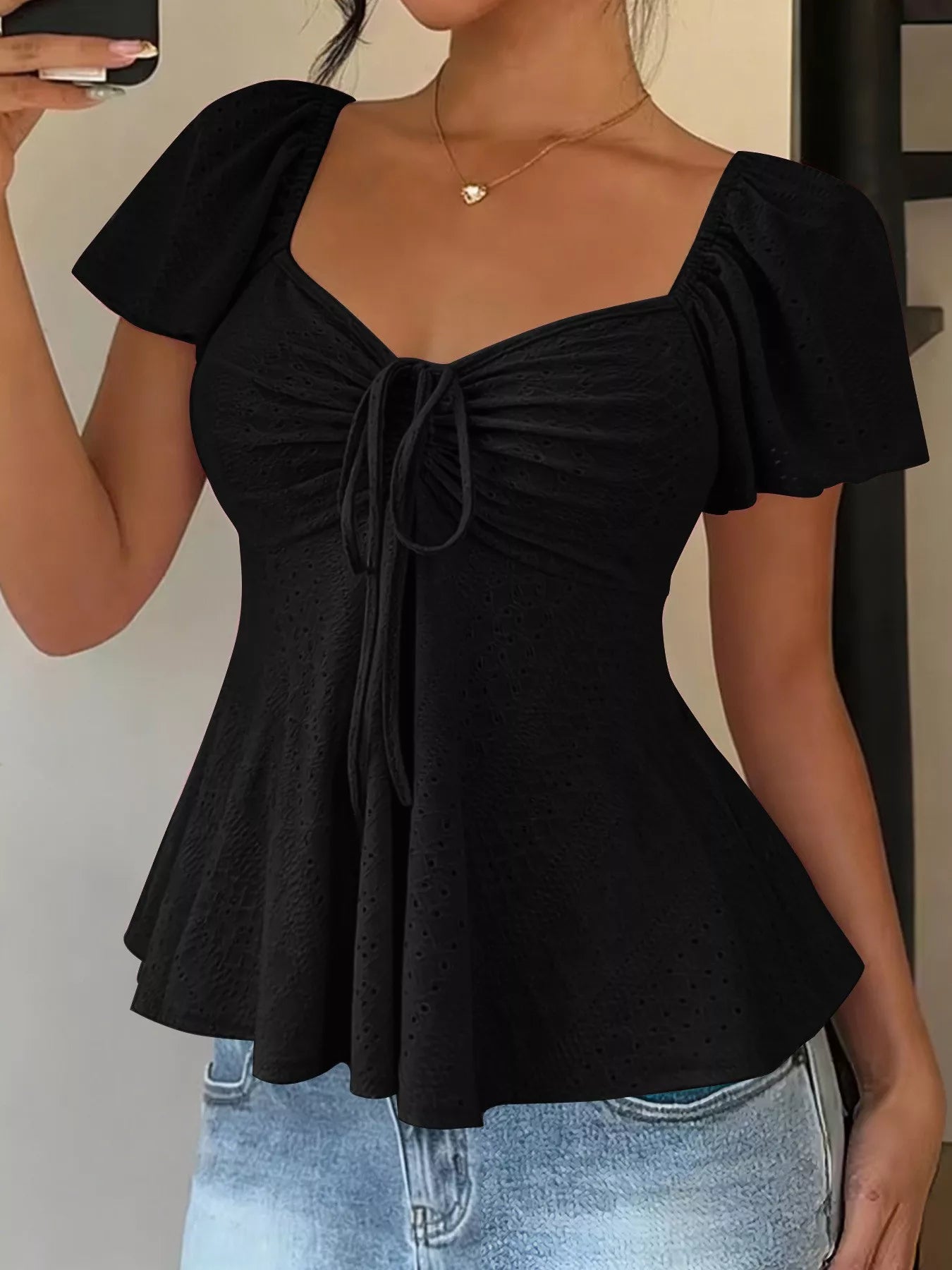 Trendsi Ruched Flutter Sleeve Peplum Top -