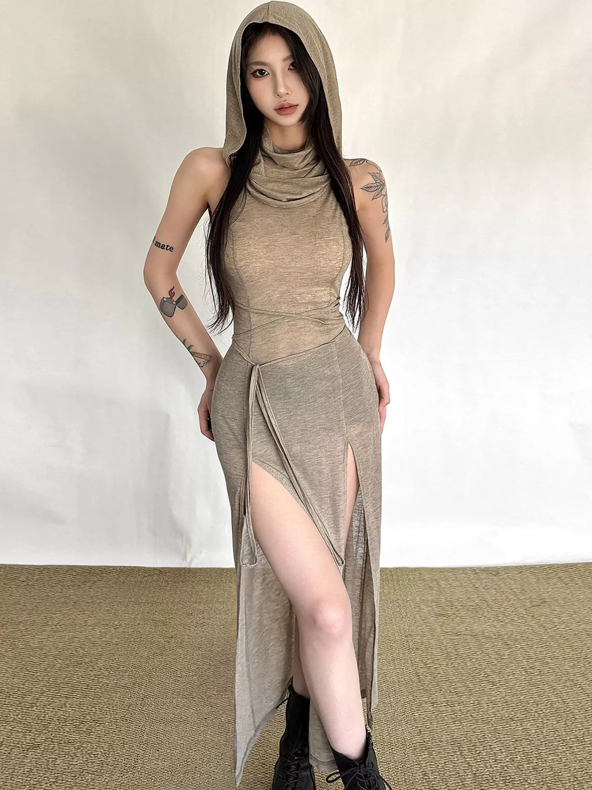 Taupe sleeveless high slit hooded maxi dress, front view