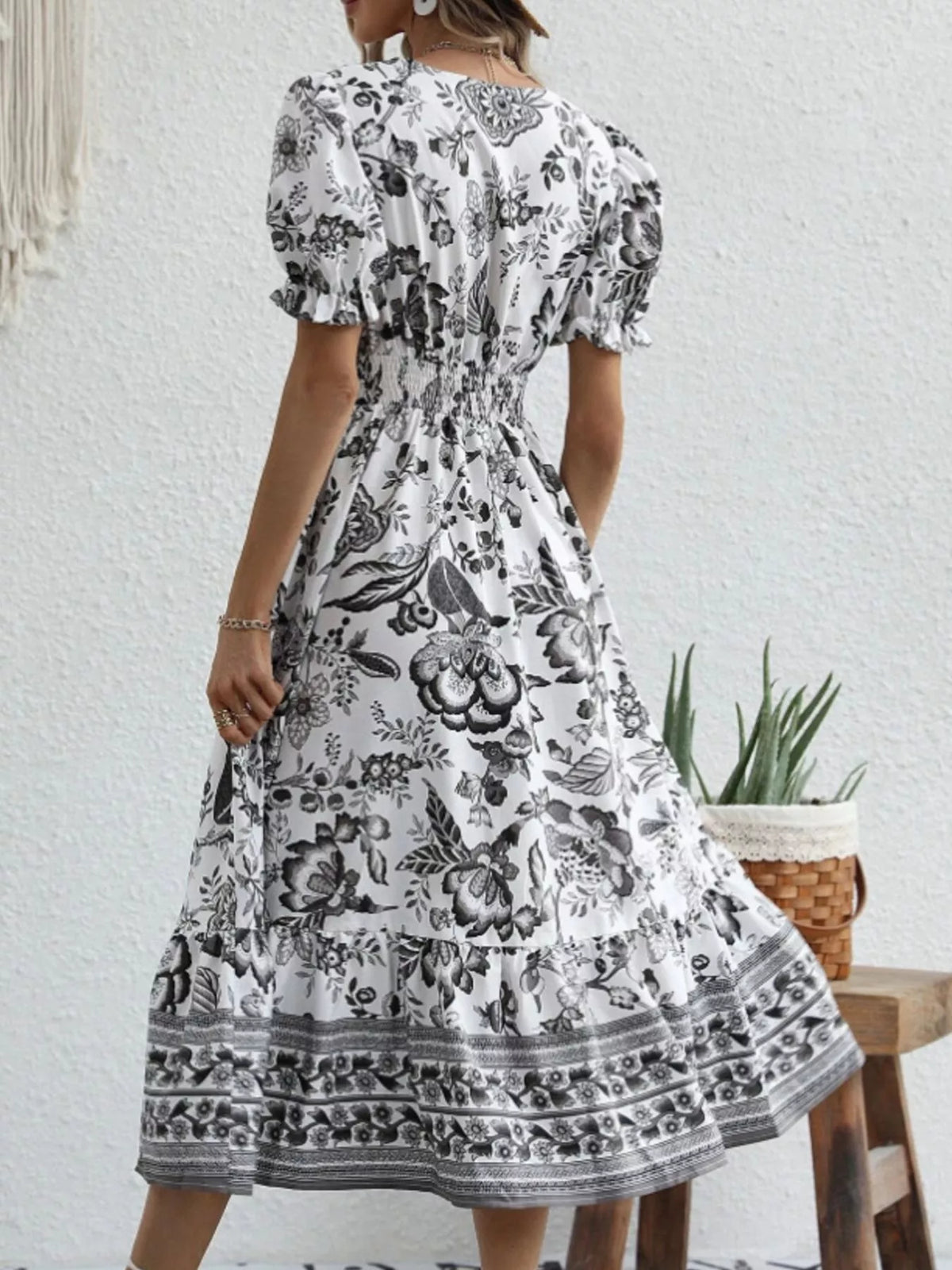 Trendsi Floral Print Puff Sleeve Wrap Midi Dress -