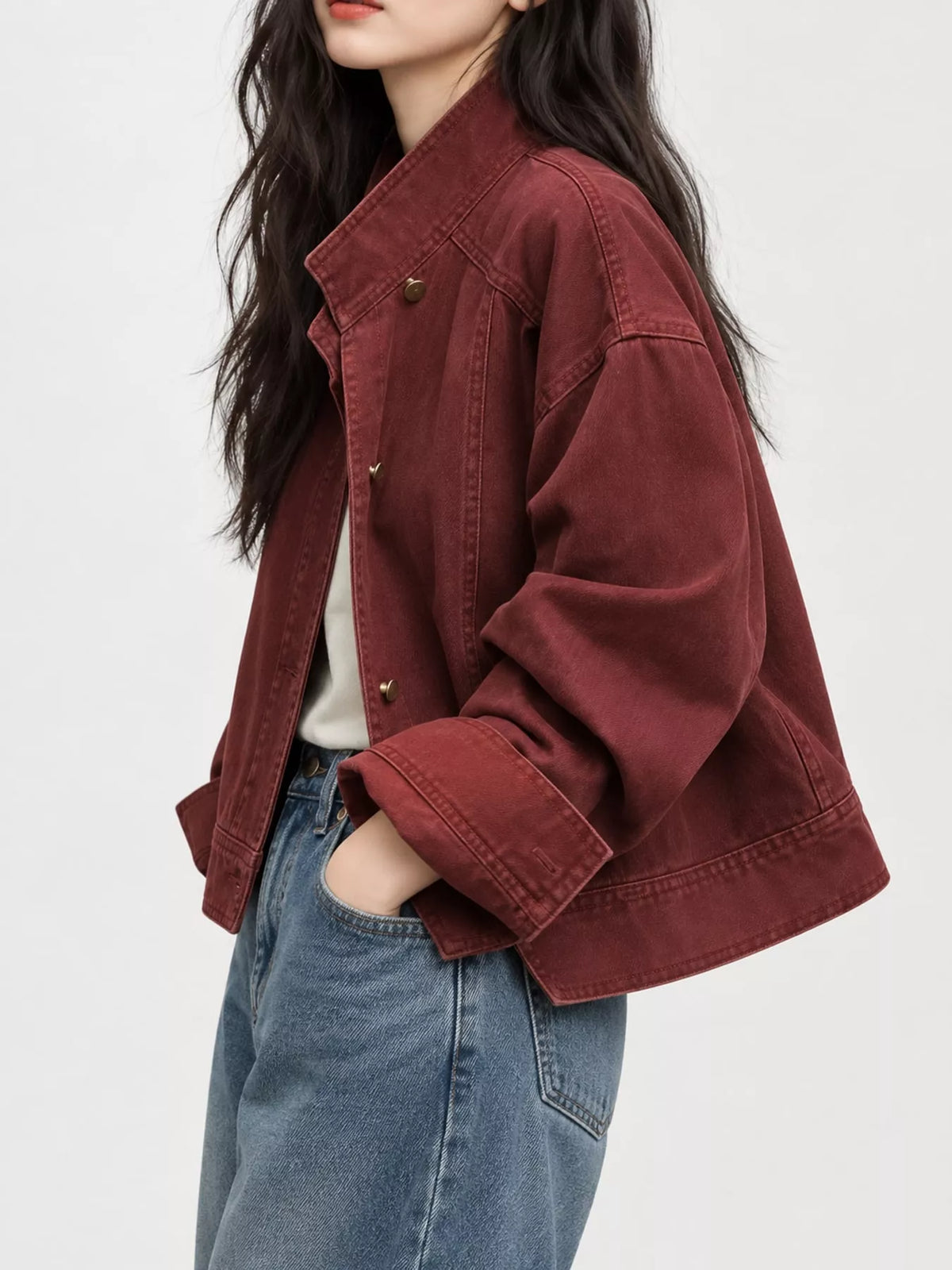 Women's Button Up Dropped Shoulder Denim Jacket in burgundy — front view