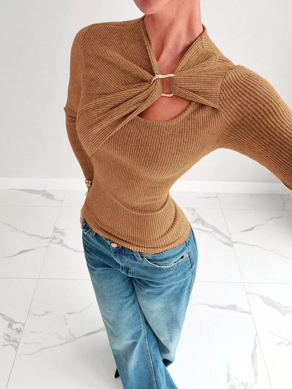 Women's Gold Ring Cutout Detail Top in camel — front view