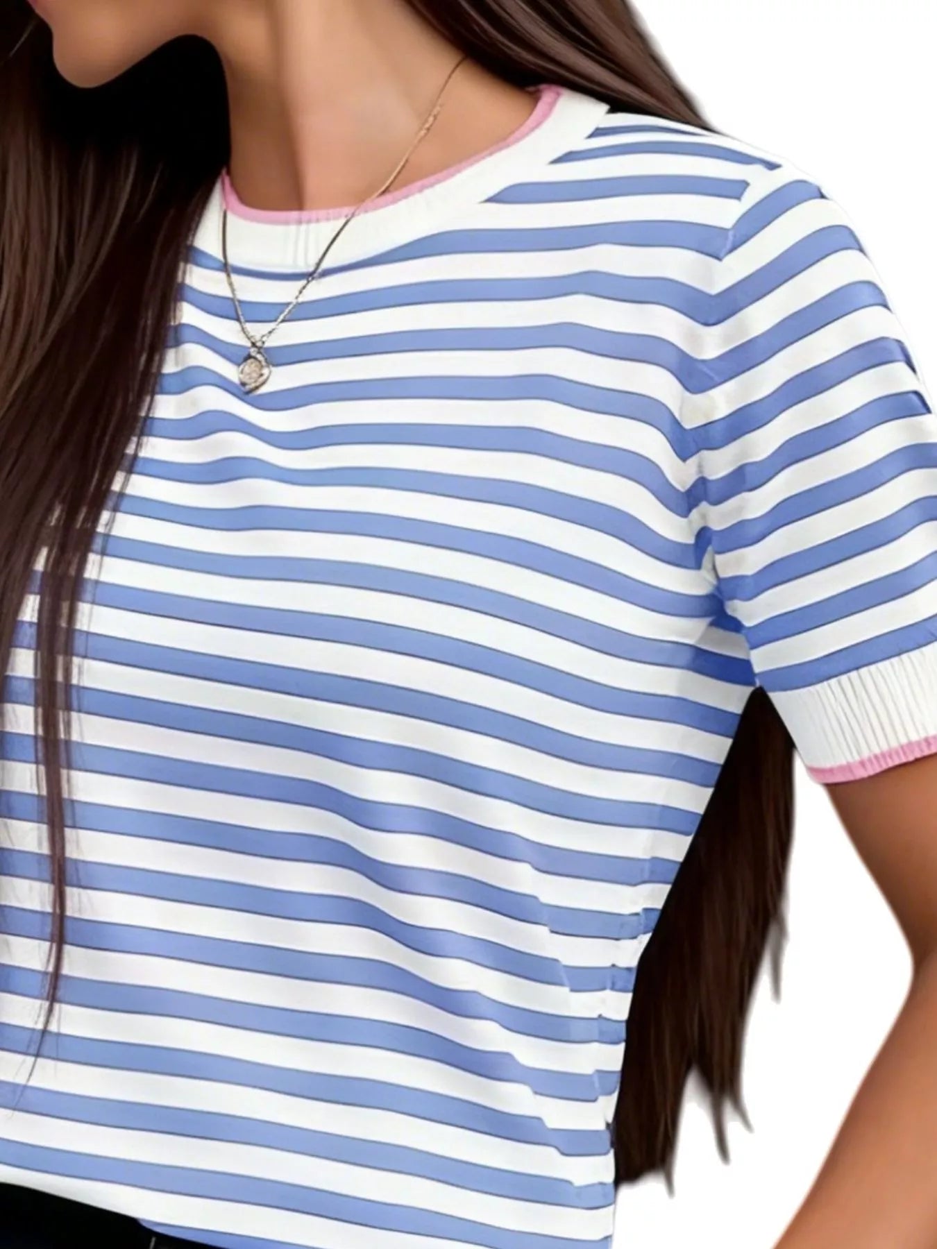 Trendsi Contrast Trim Striped Short Sleeve Knit Top -