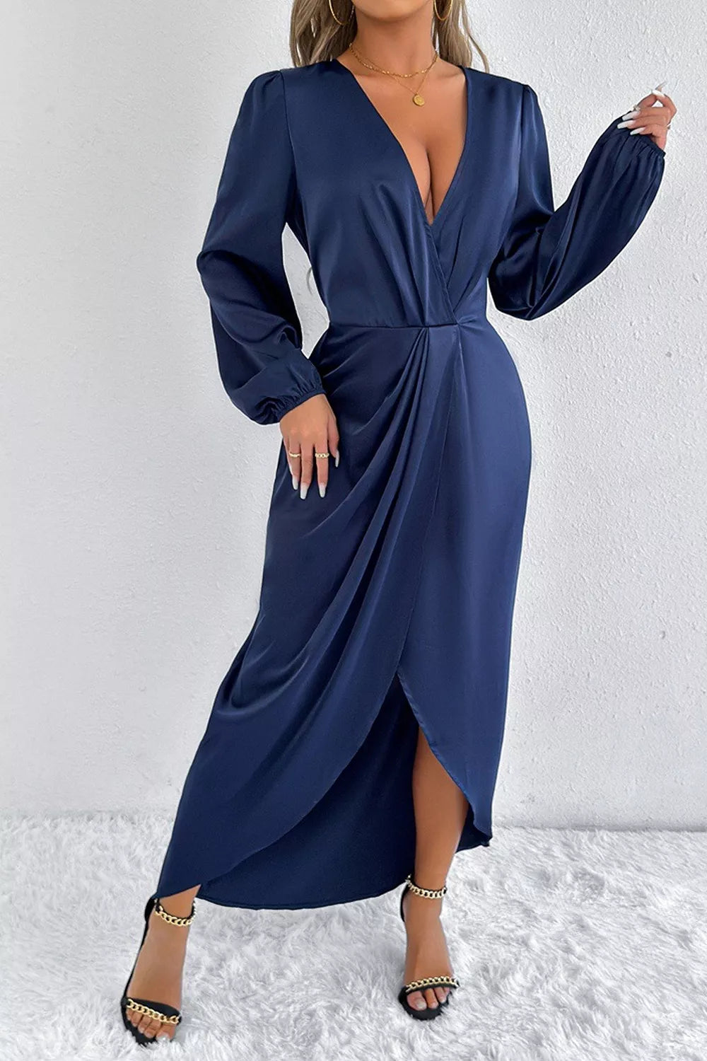 Trendsi Satin Balloon Sleeve Midi Dress -