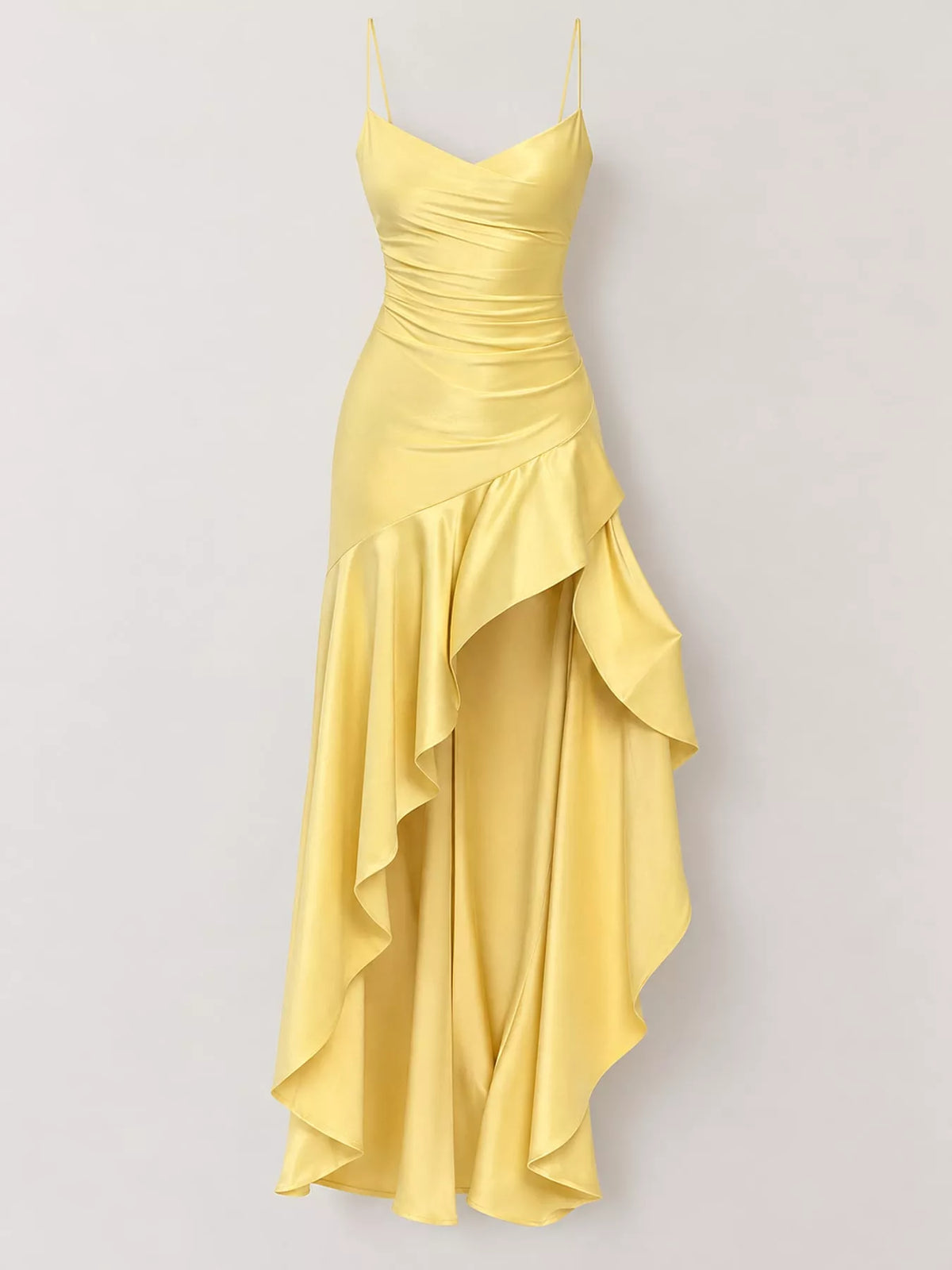 Yellow high-low ruffle-hem evening dress, product view