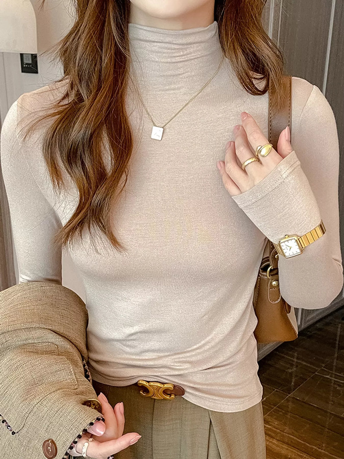 Slim-Fit Mock Neck Long Sleeve T-Shirt — front view