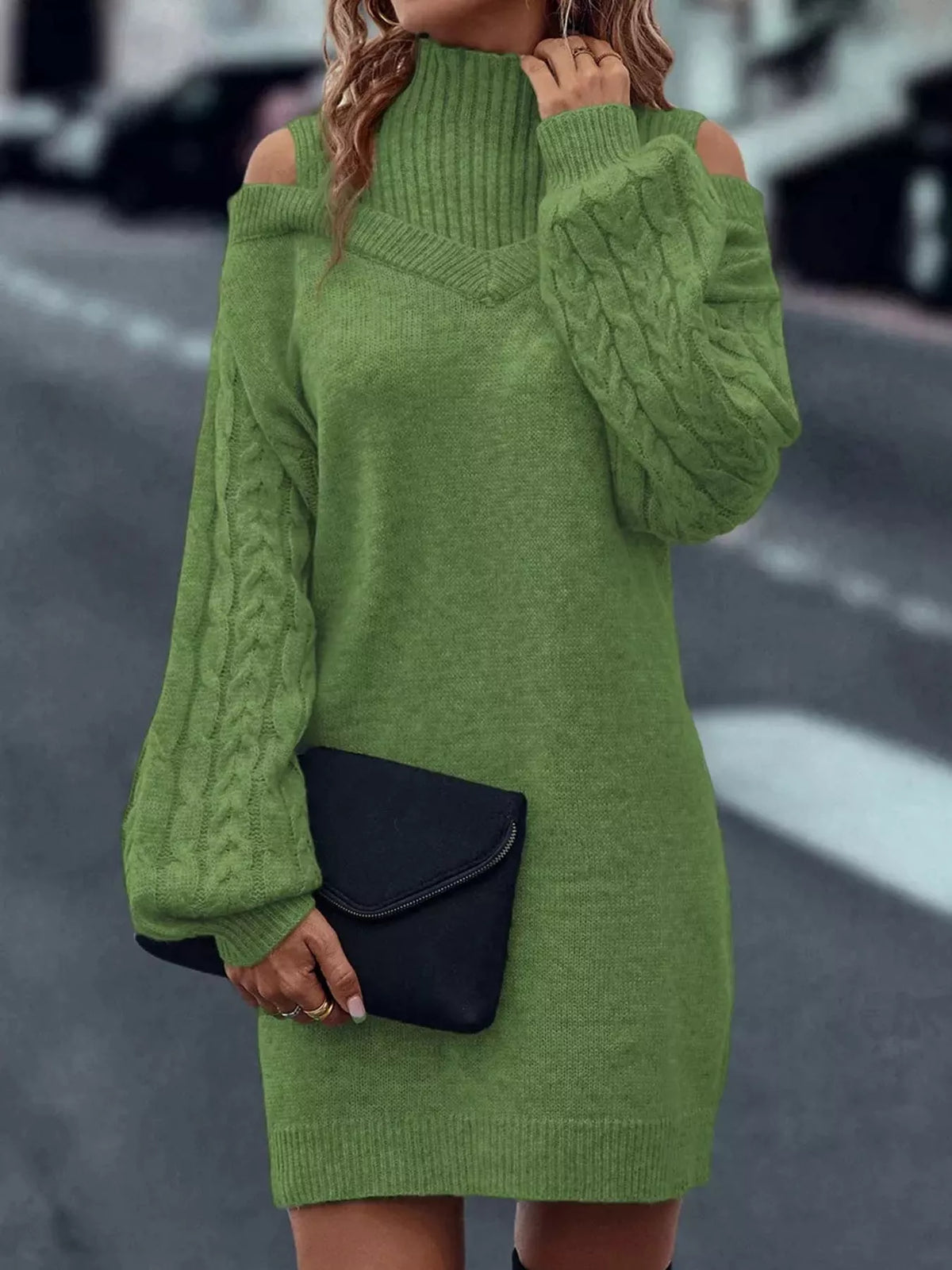 Green cold shoulder cable knit mock neck sweater dress, front view