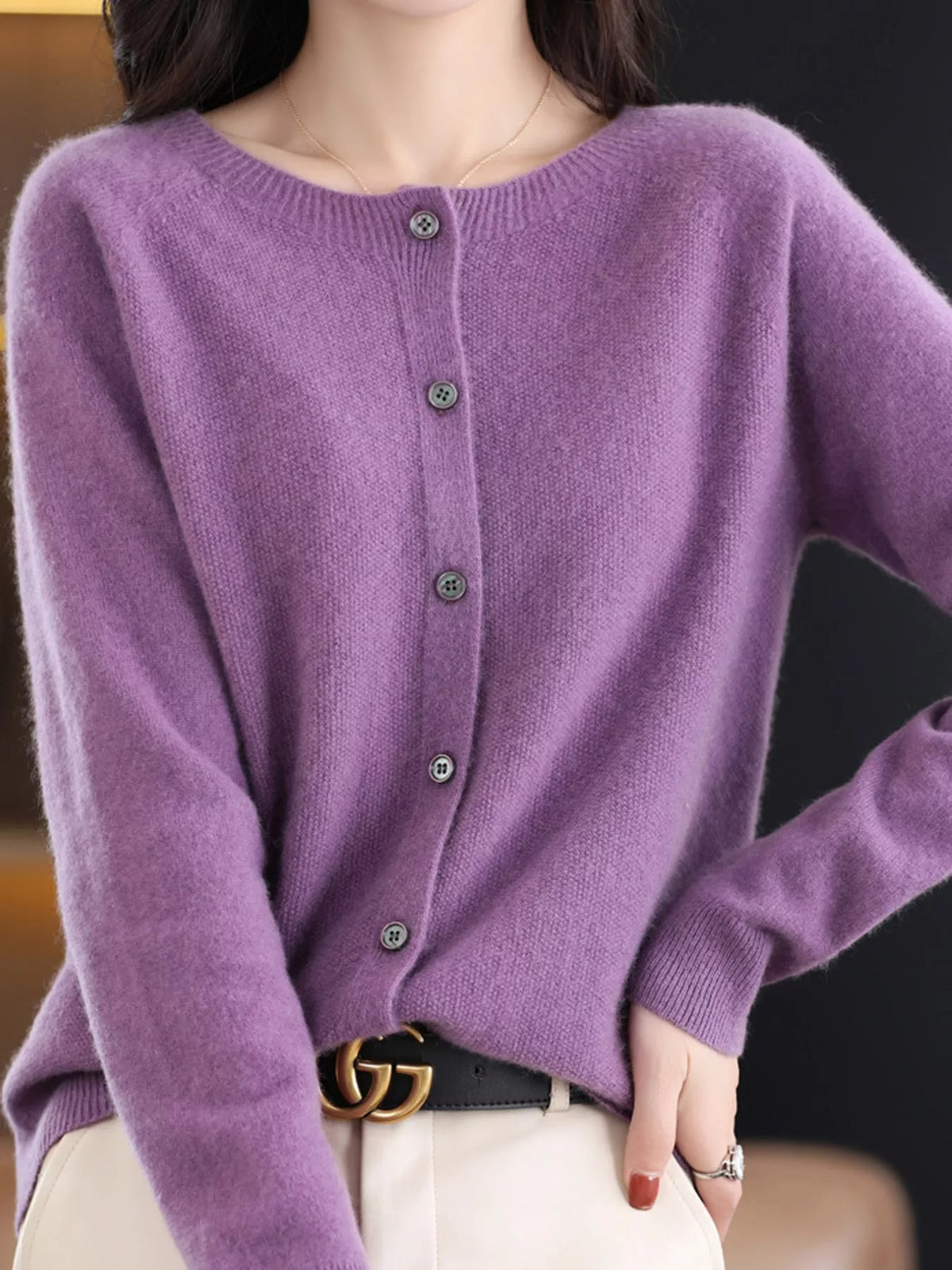 Round neck long sleeve cardigan, front view on model