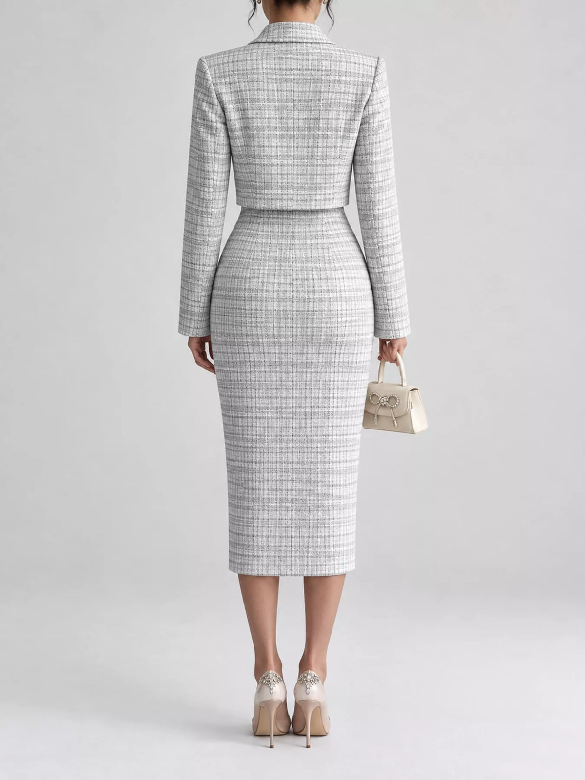 Tweed dress and cardigan set, gray back