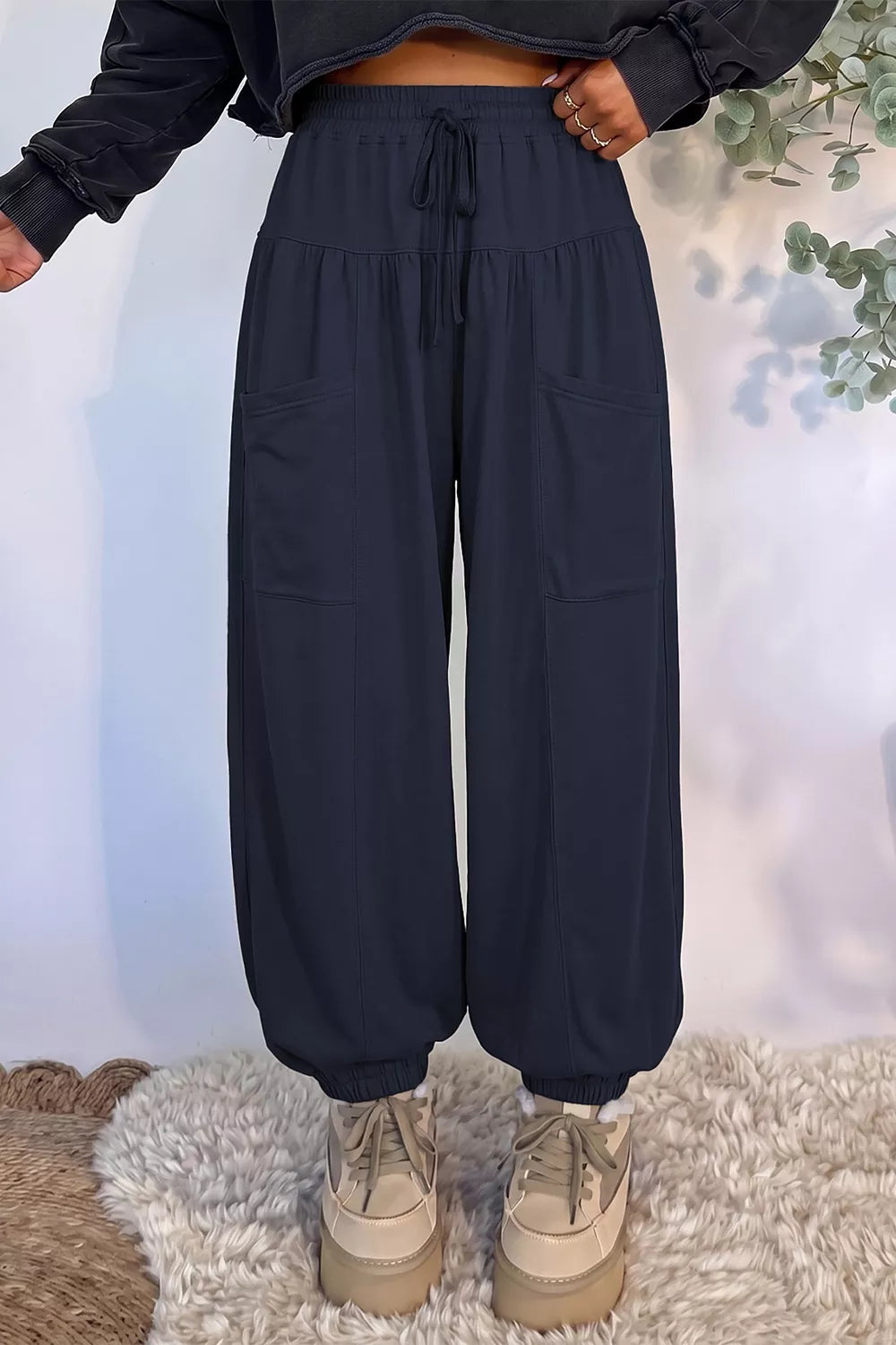 Women's Drawstring Wide-Leg Joggers in Dark Navy, alternate view