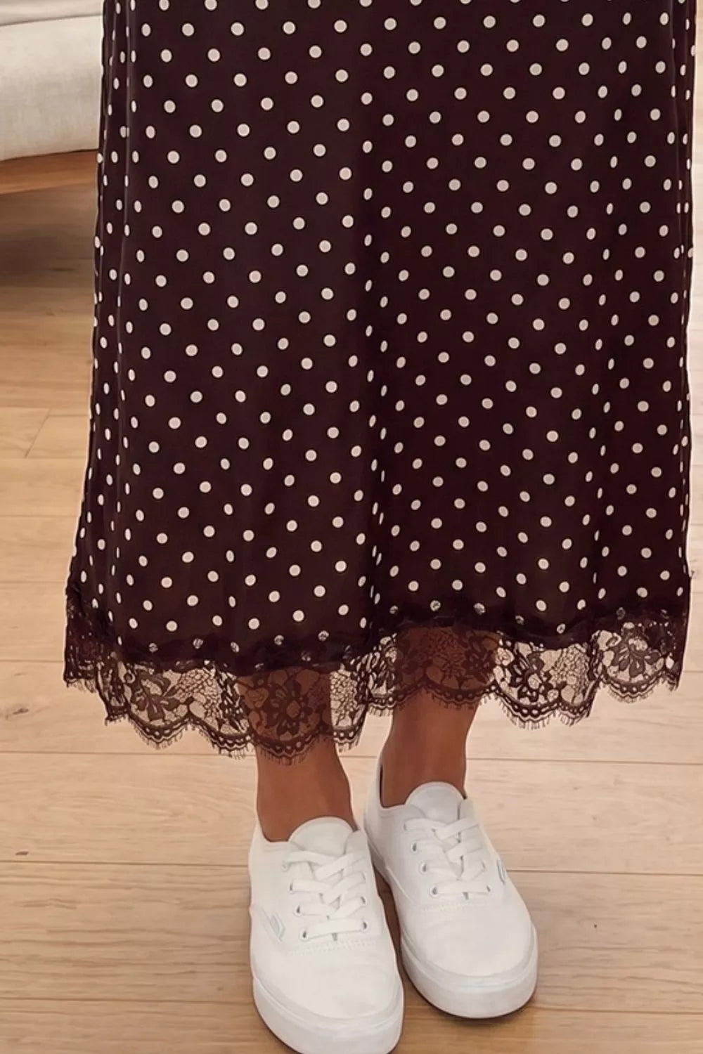 Trendsi Polka Dot Lace Hem Elegant Long Shift Skirt -