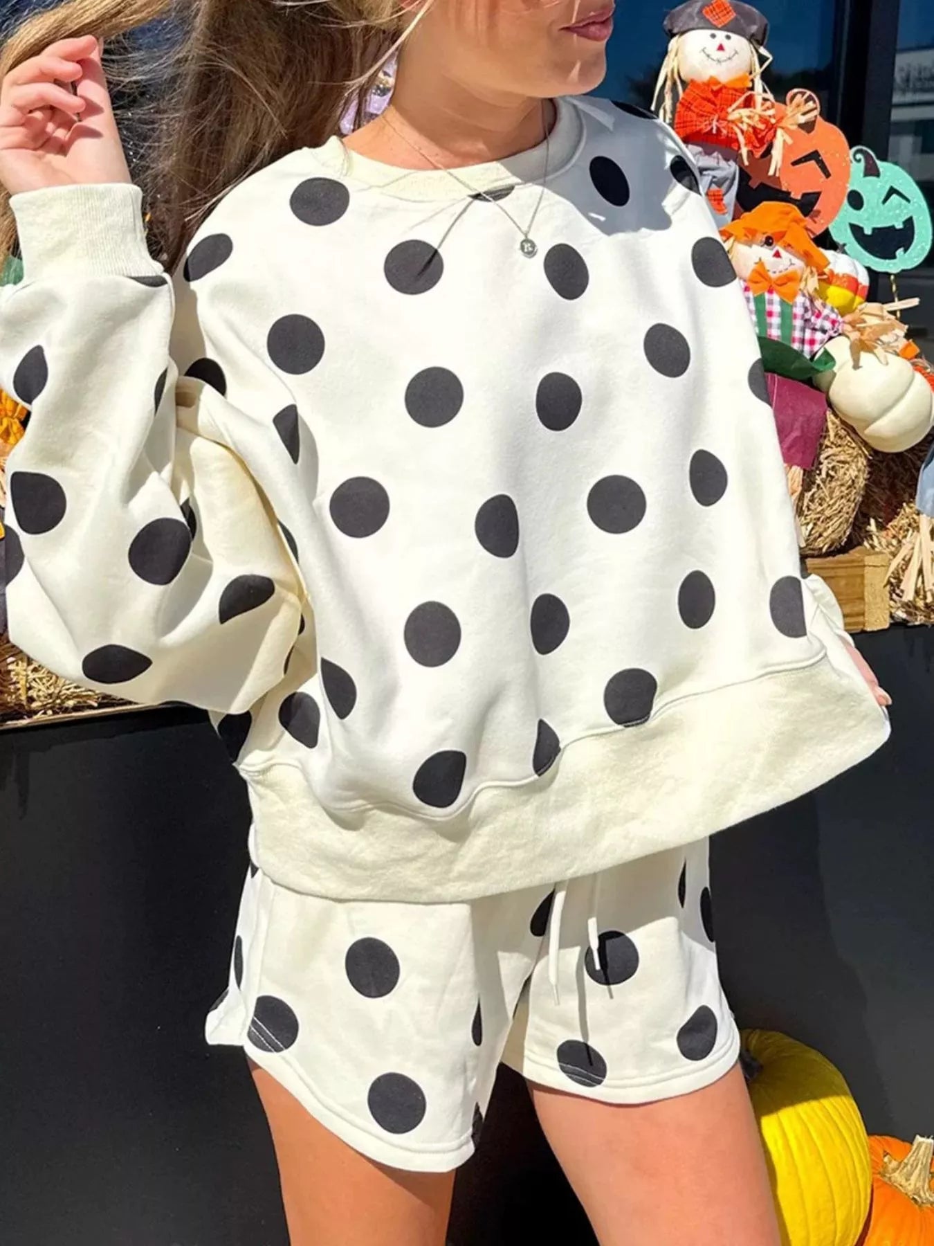 Trendsi Polka Dot Crewneck Sweatshirt and Shorts Set -