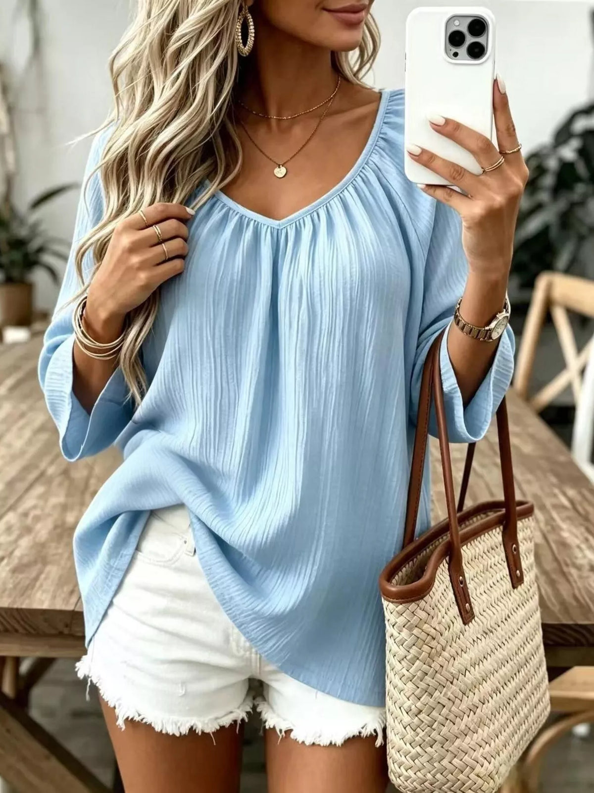 Textured V-Neck Casual T-Shirt, front view