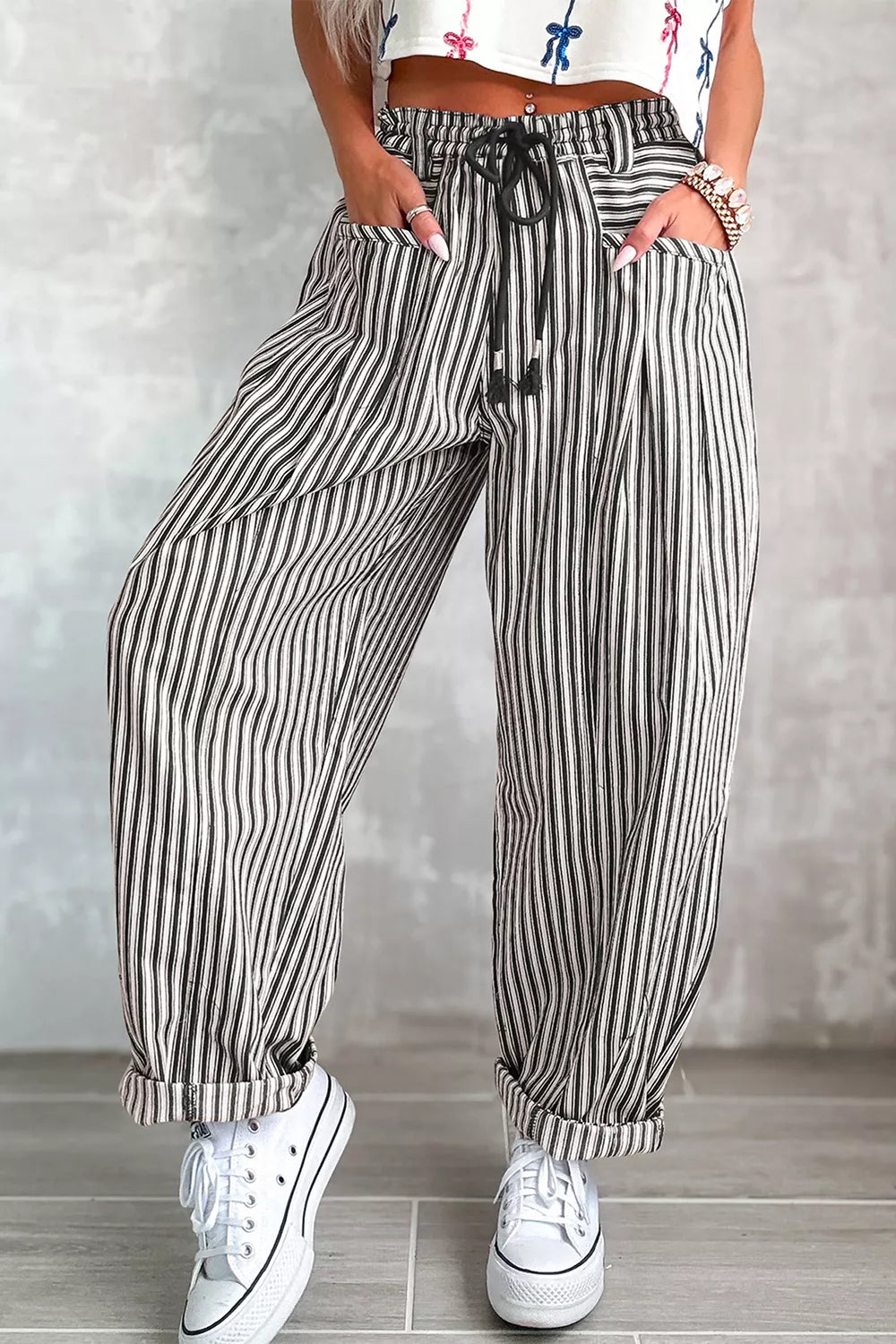 Trendsi Stripe Drawstring Casual Loose Pants -