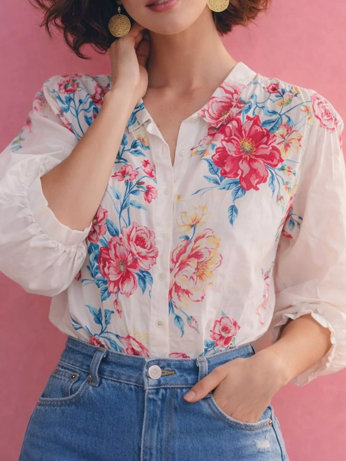Floral V-Neck Puff Sleeve Shirt, front view