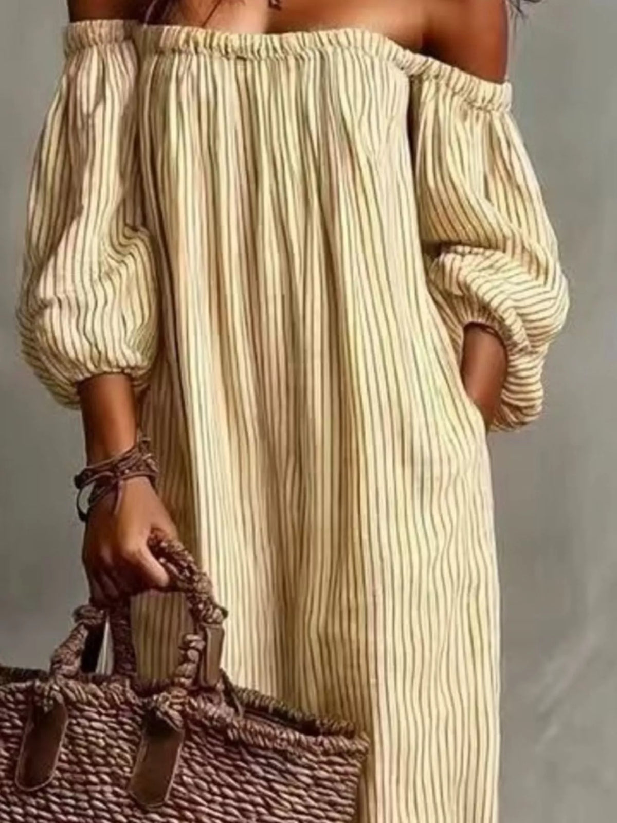 Trendsi Full Size Off-Shoulder Striped Maxi Dress with Puff Sleeves Plus Size -
