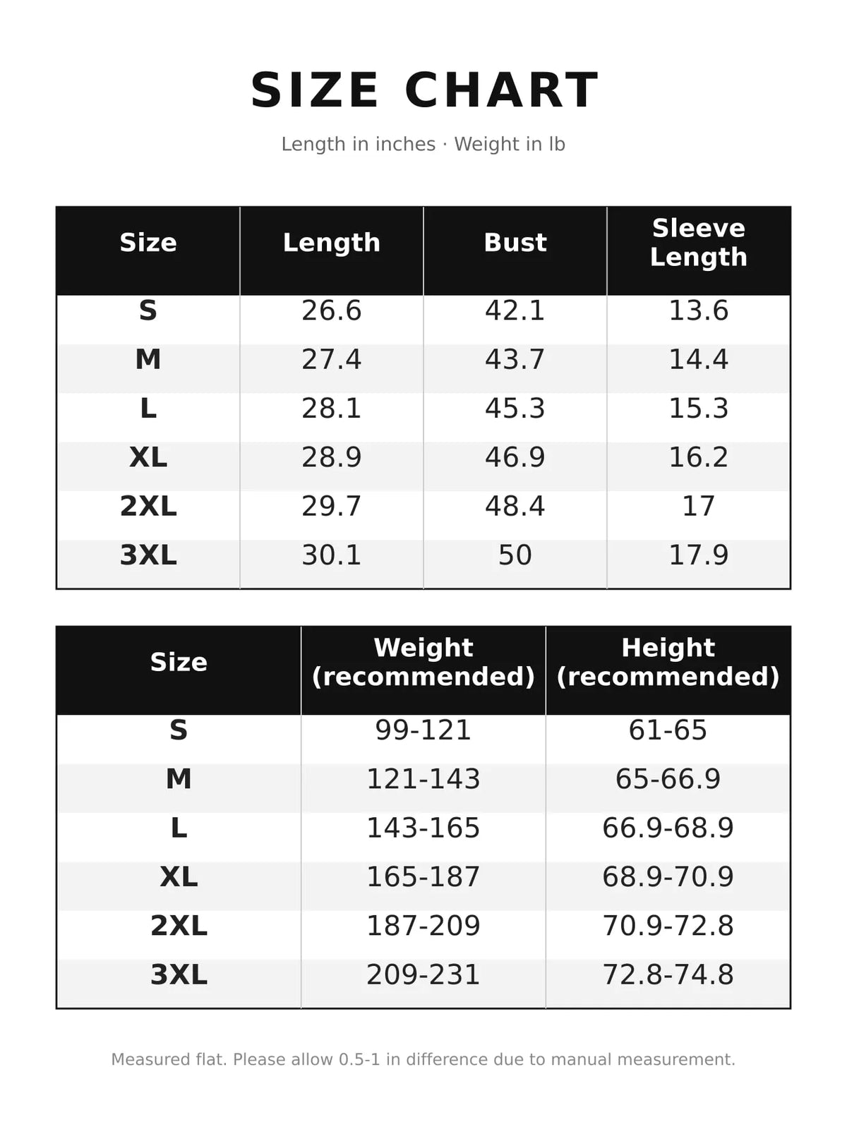 Size chart for short sleeve polo t-shirt