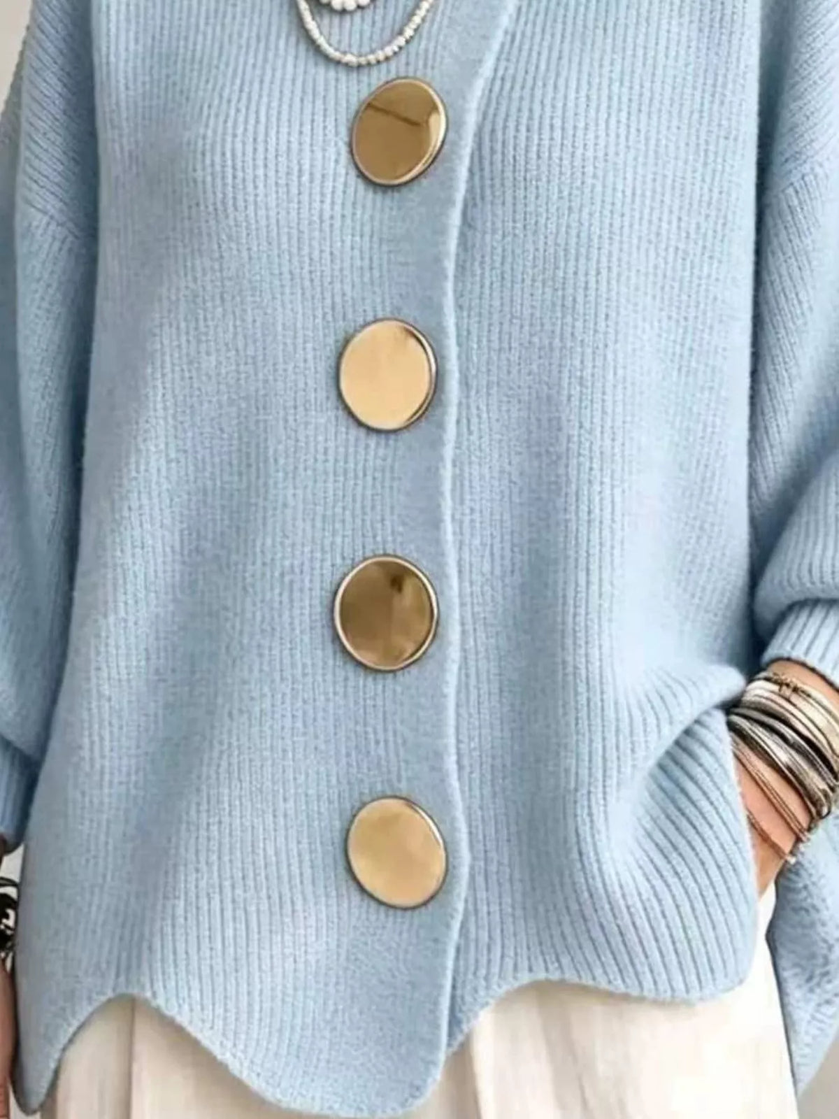 Trendsi Full Size Gold Buttons Lantern Sleeve Cardigan Plus Size -