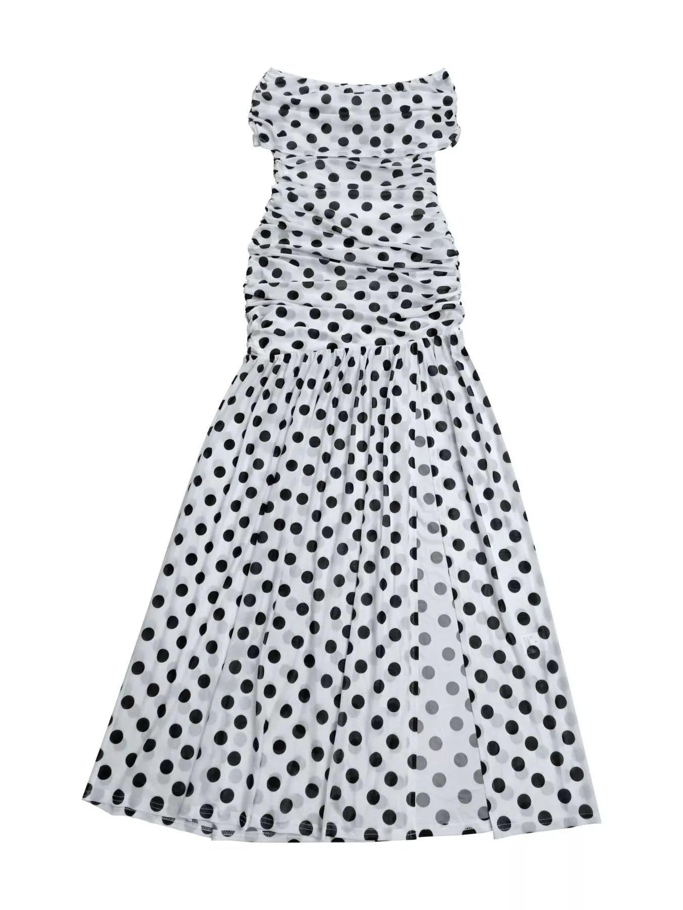Trendsi Polka Dot Off Shoulder Slit Maxi Dress -