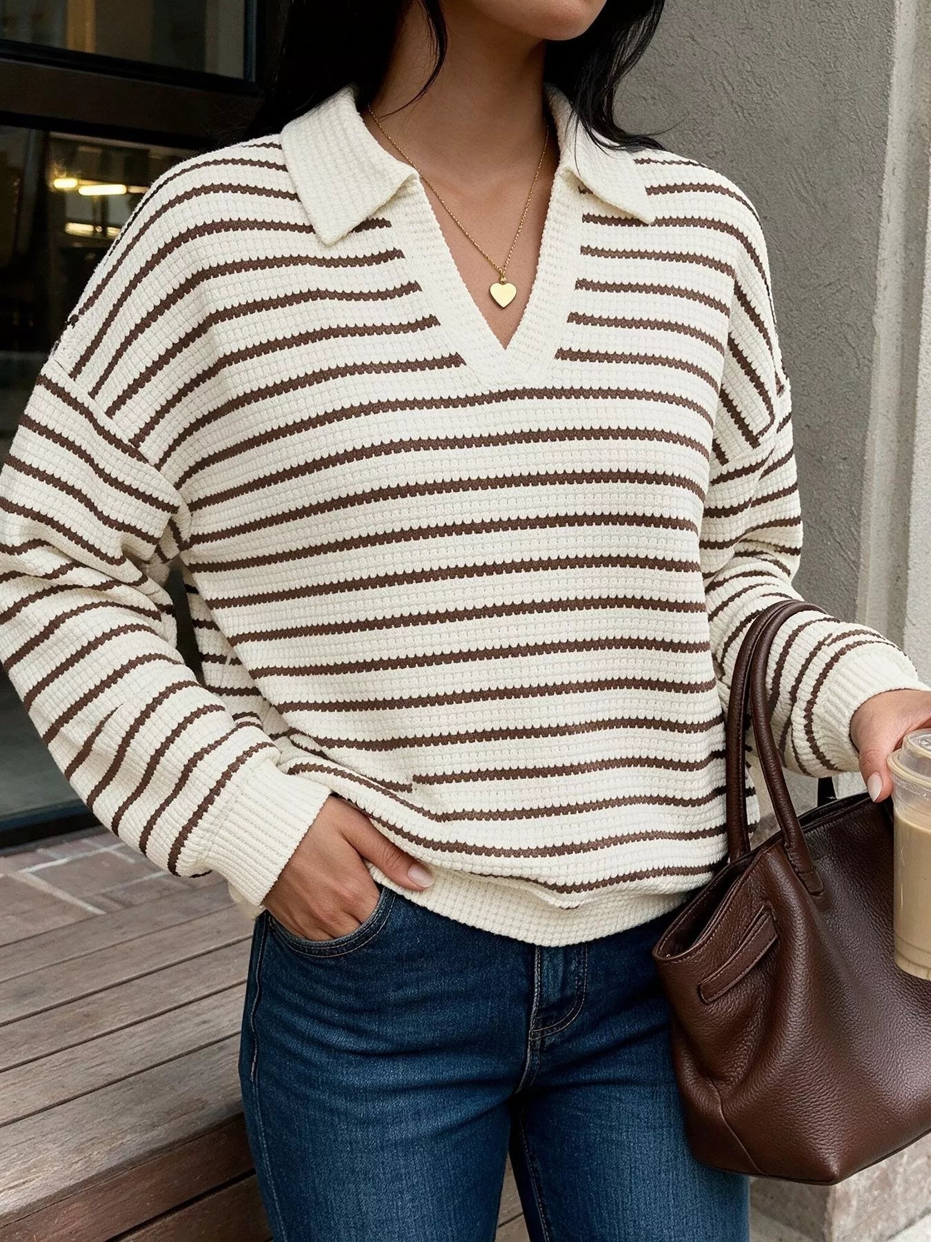 Trendsi Striped Polo Collar Knit Sweatshirt -
