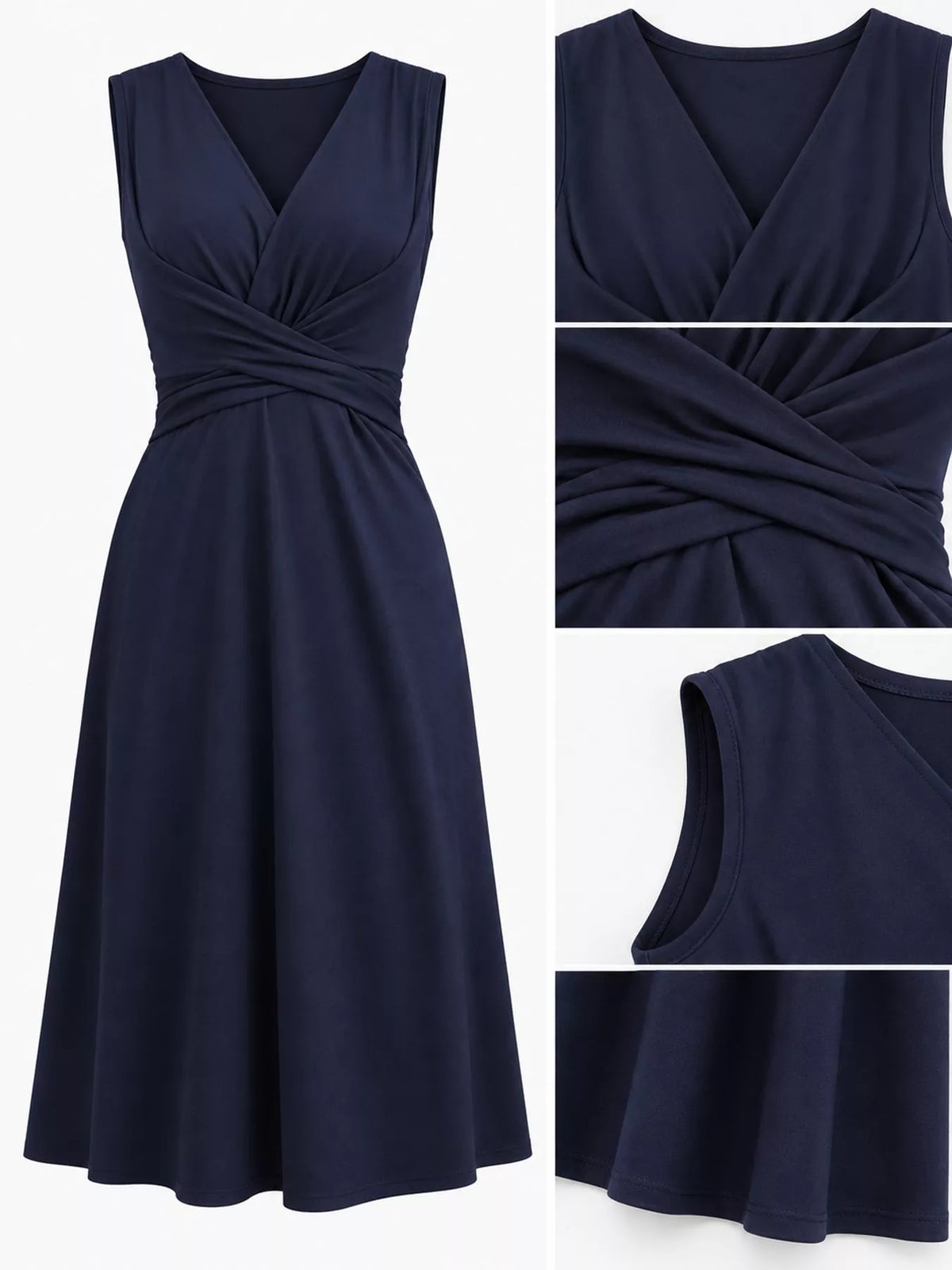 Navy sleeveless ruched-front midi dress, neckline waist and construction details