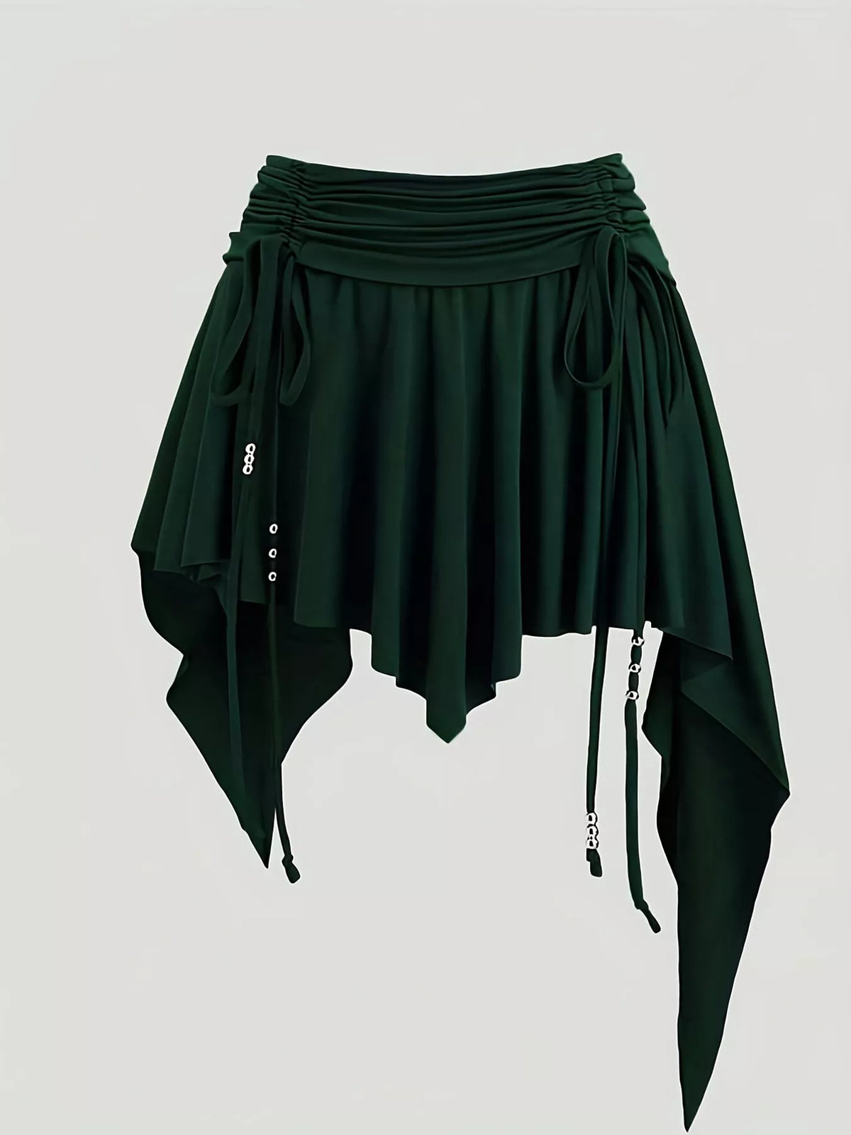 Ruched Asymmetrical Drawstring Mini Skirt in dark green