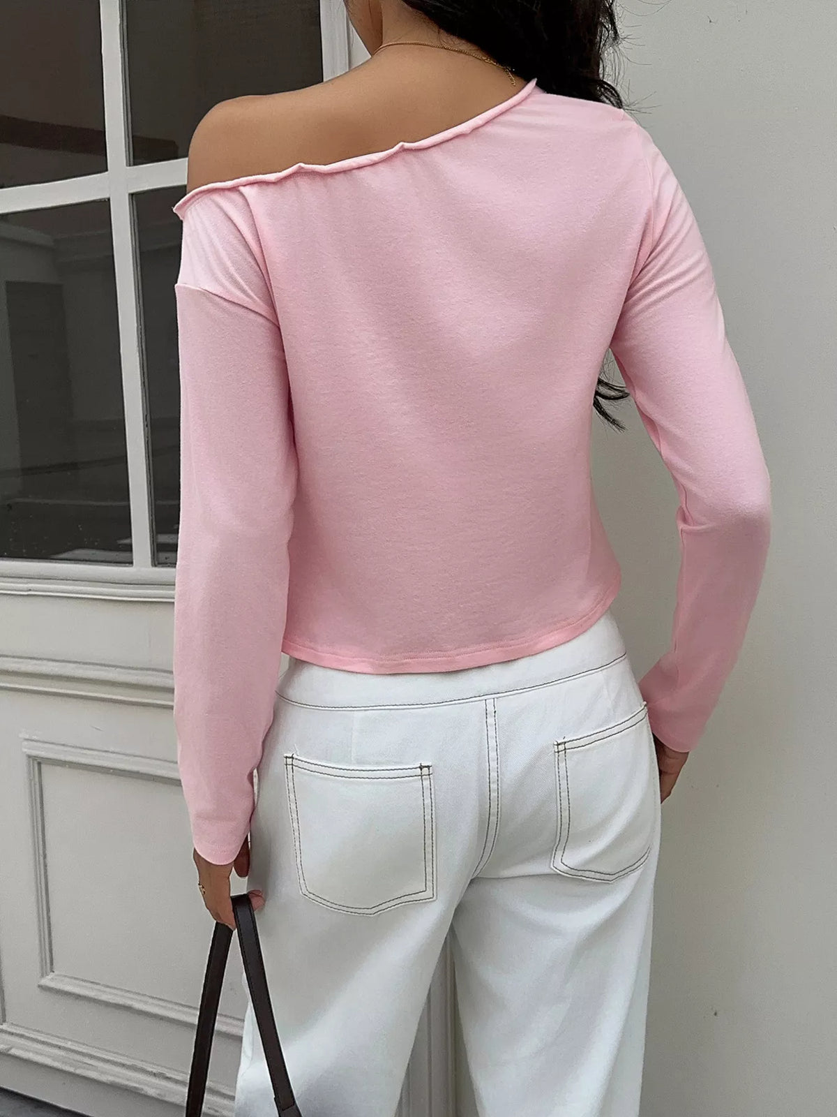 One-Shoulder T-Shirt in pink, back view