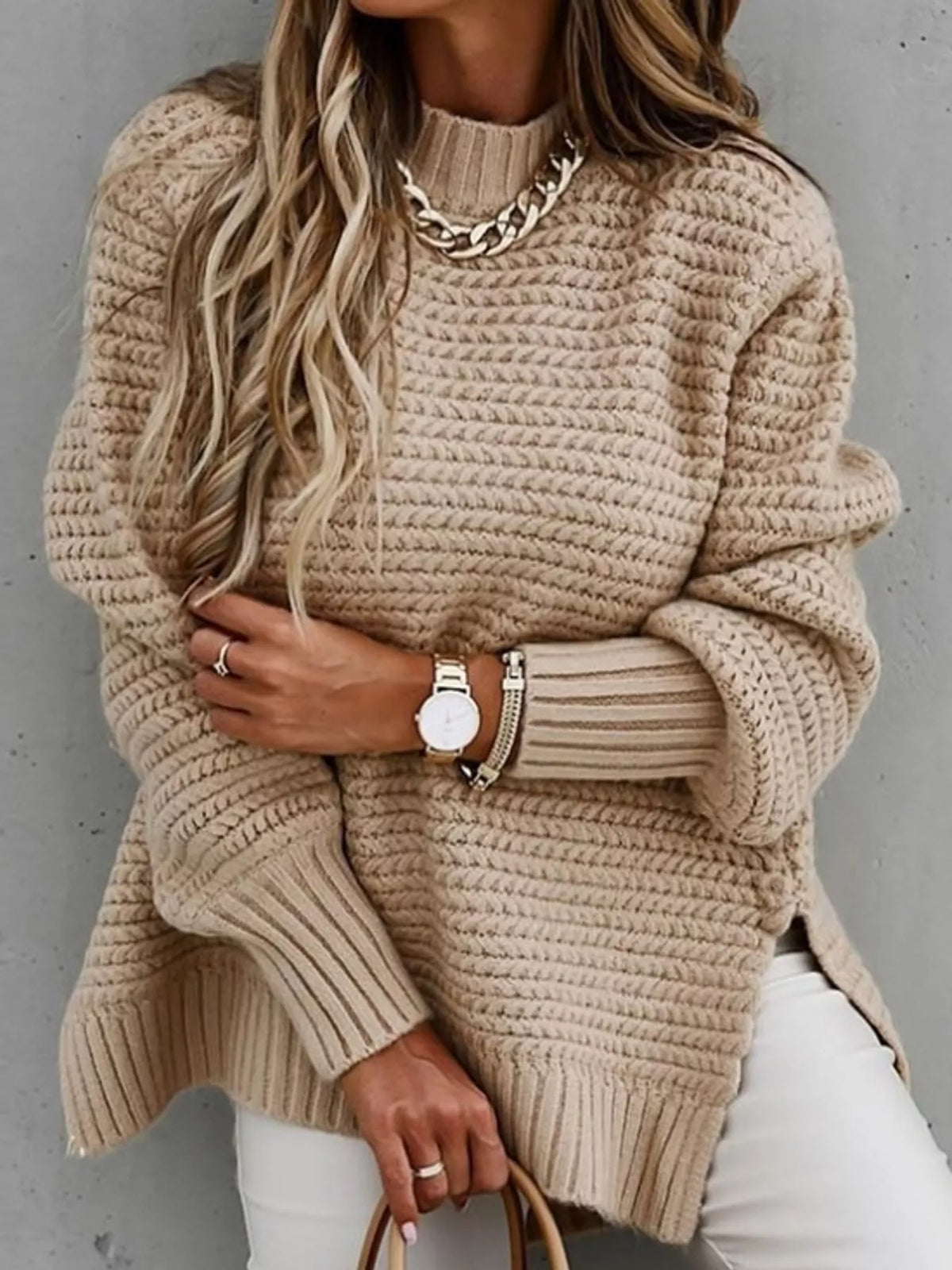 Round neck long sleeve sweater, front view on model