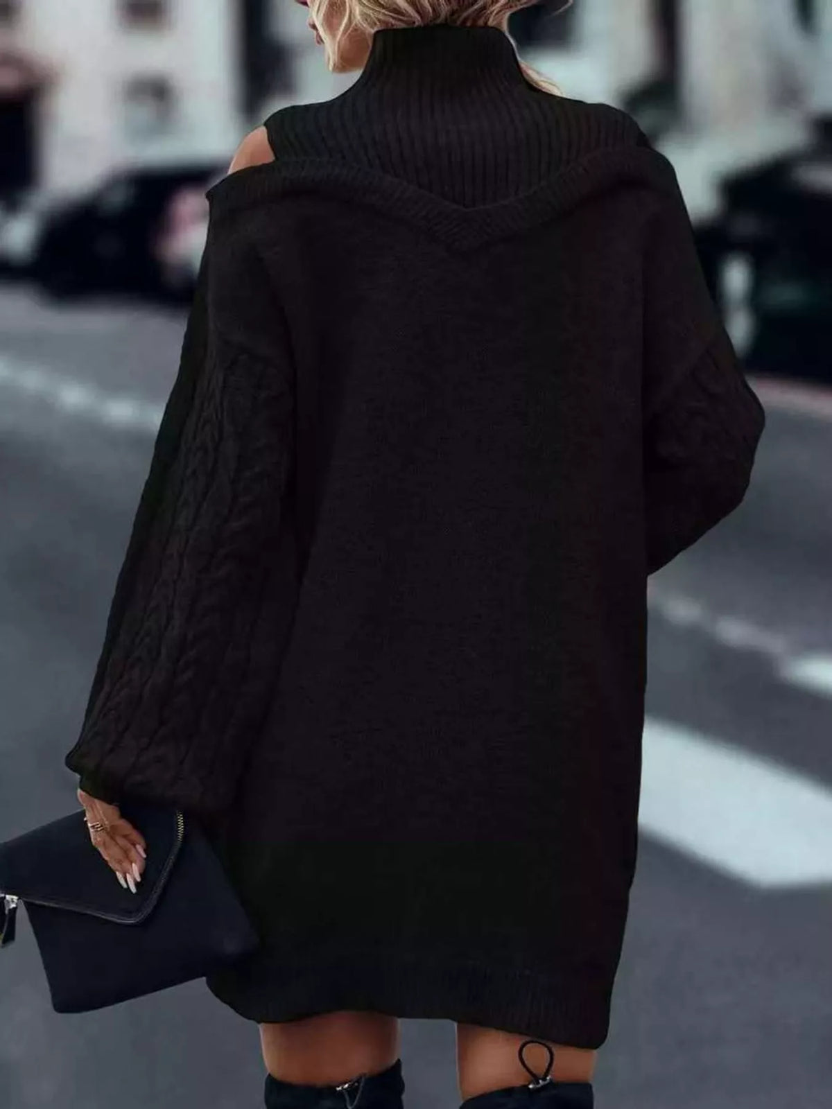 Black cold shoulder cable knit mock neck sweater dress, back view