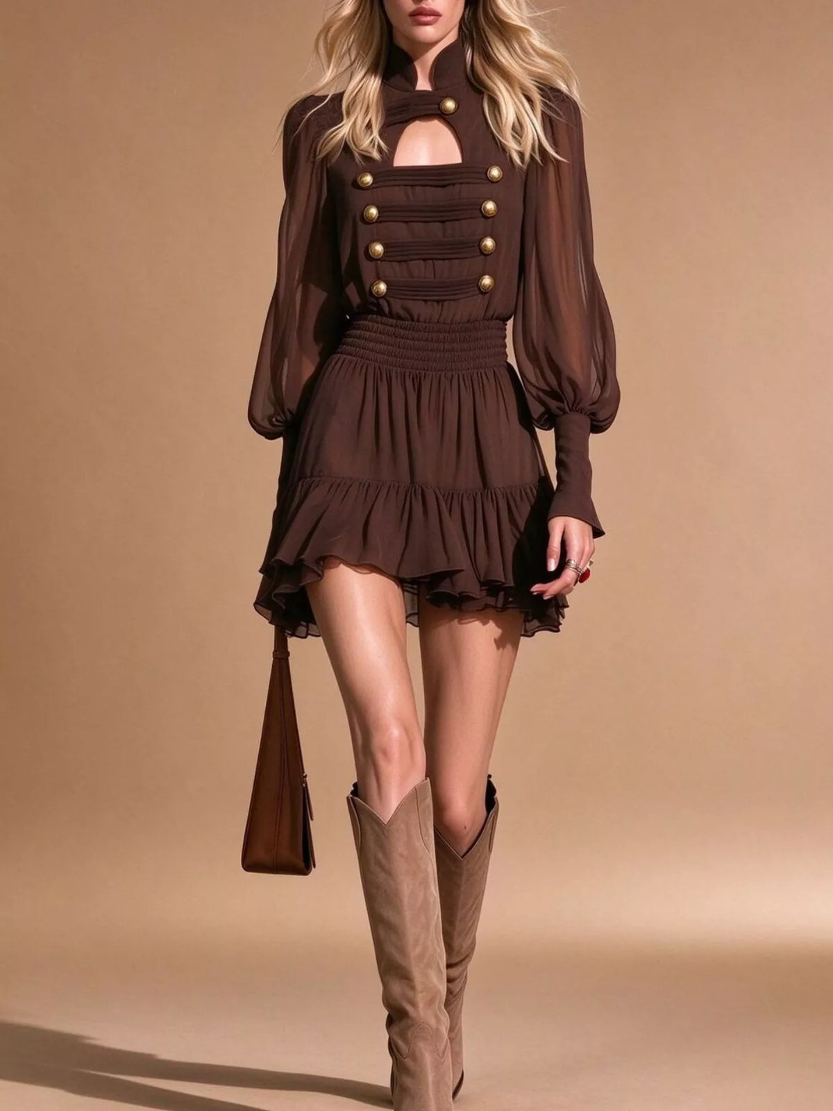 Brown ruffled chiffon mini dress