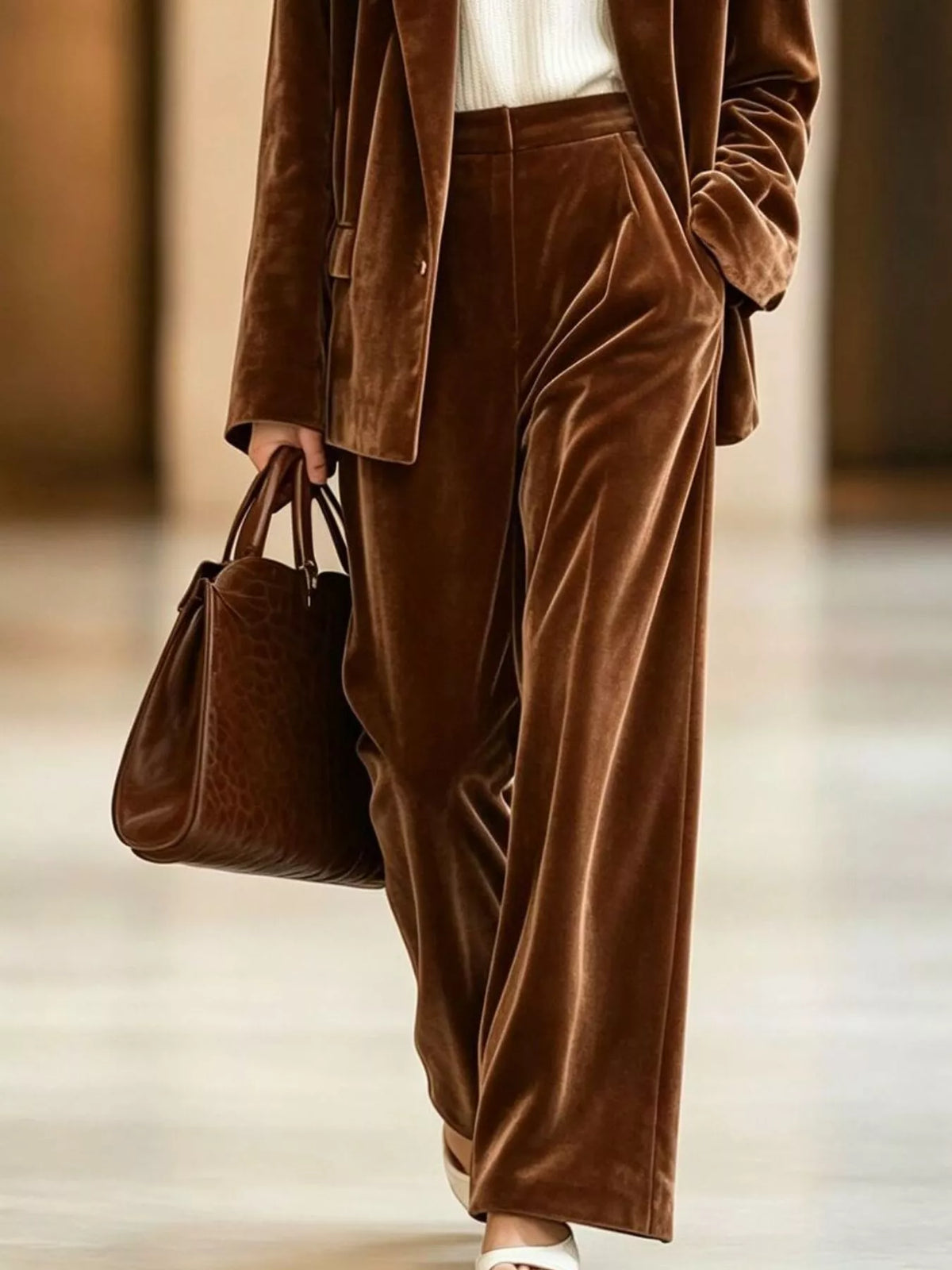 Brown velvet blazer and wide-leg pants set, pants detail