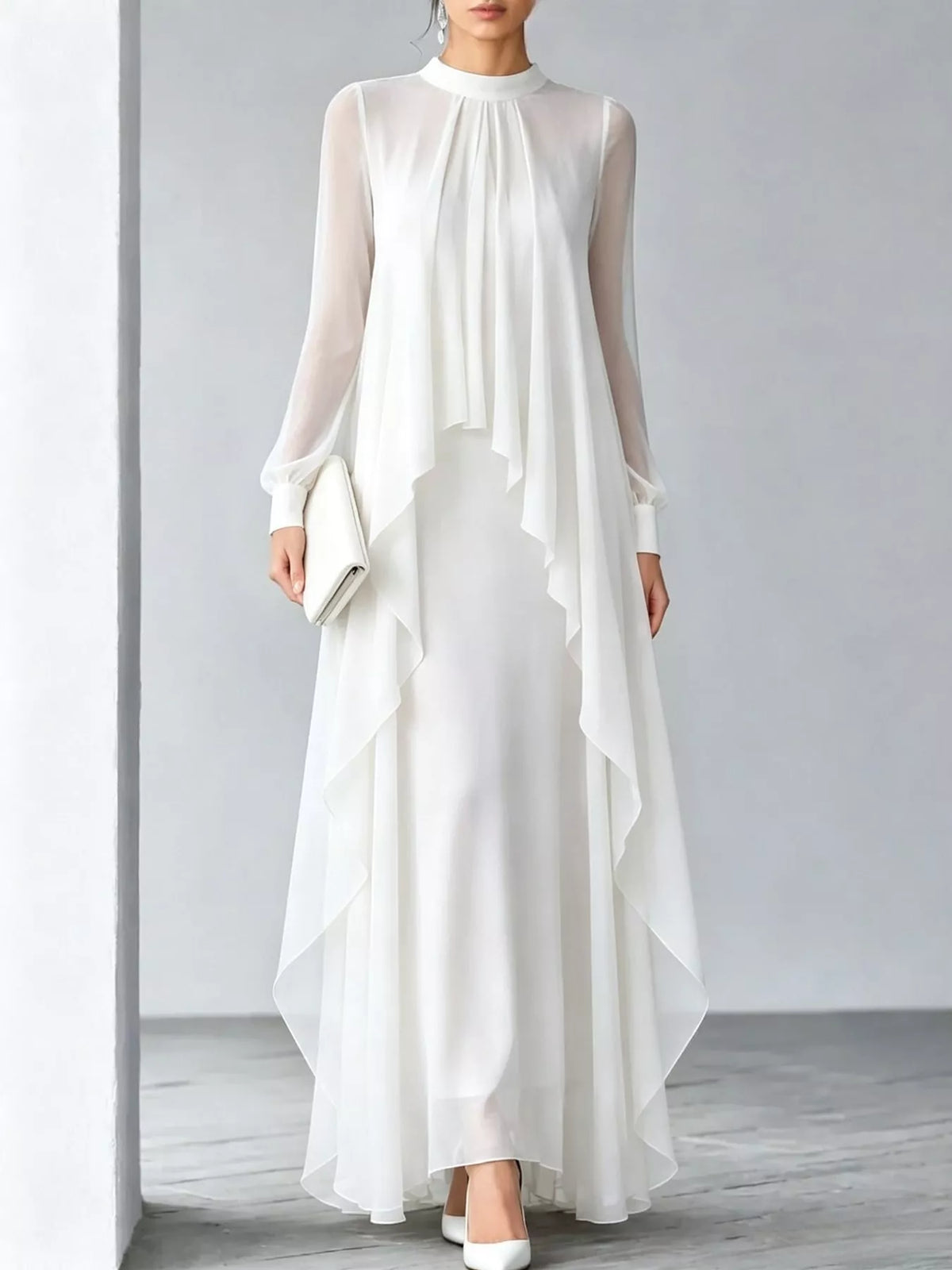 Sheer Sleeve Chiffon Layered Maxi Dress in white