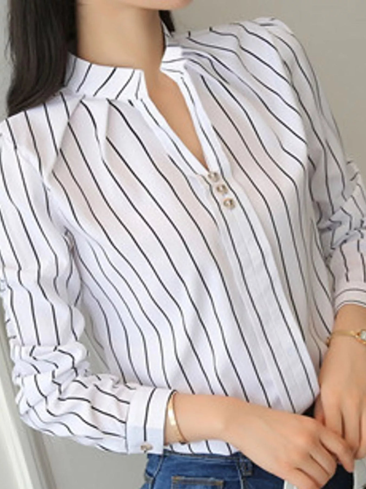 Split neck long sleeve shirt, front view on model