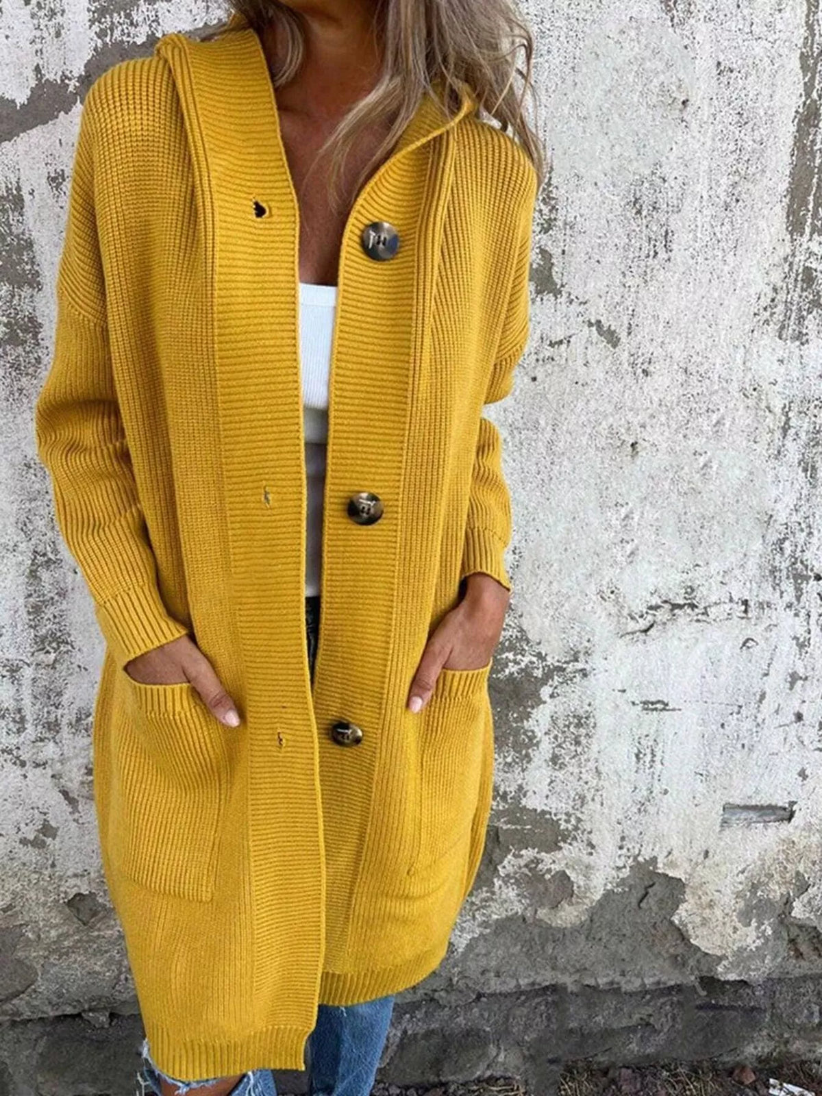 Women's Button-Down Hooded Cardigan in Yellow, front view