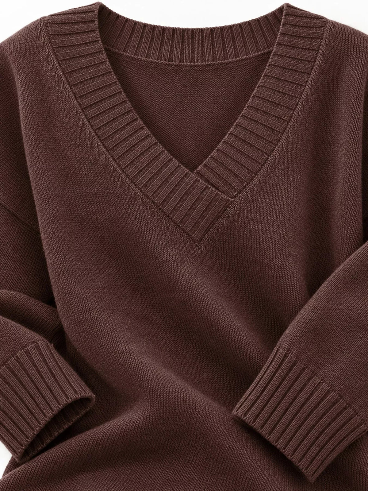 V-neck sweater, brown knit detail